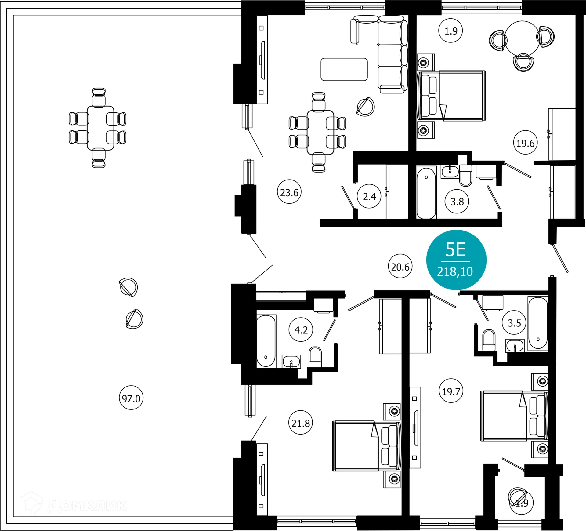 Планировка 4-комнатной квартиры 218.1 м² в ЖК Гостиничный комплекс "Нескучный сад", г. Сочи — фото 1