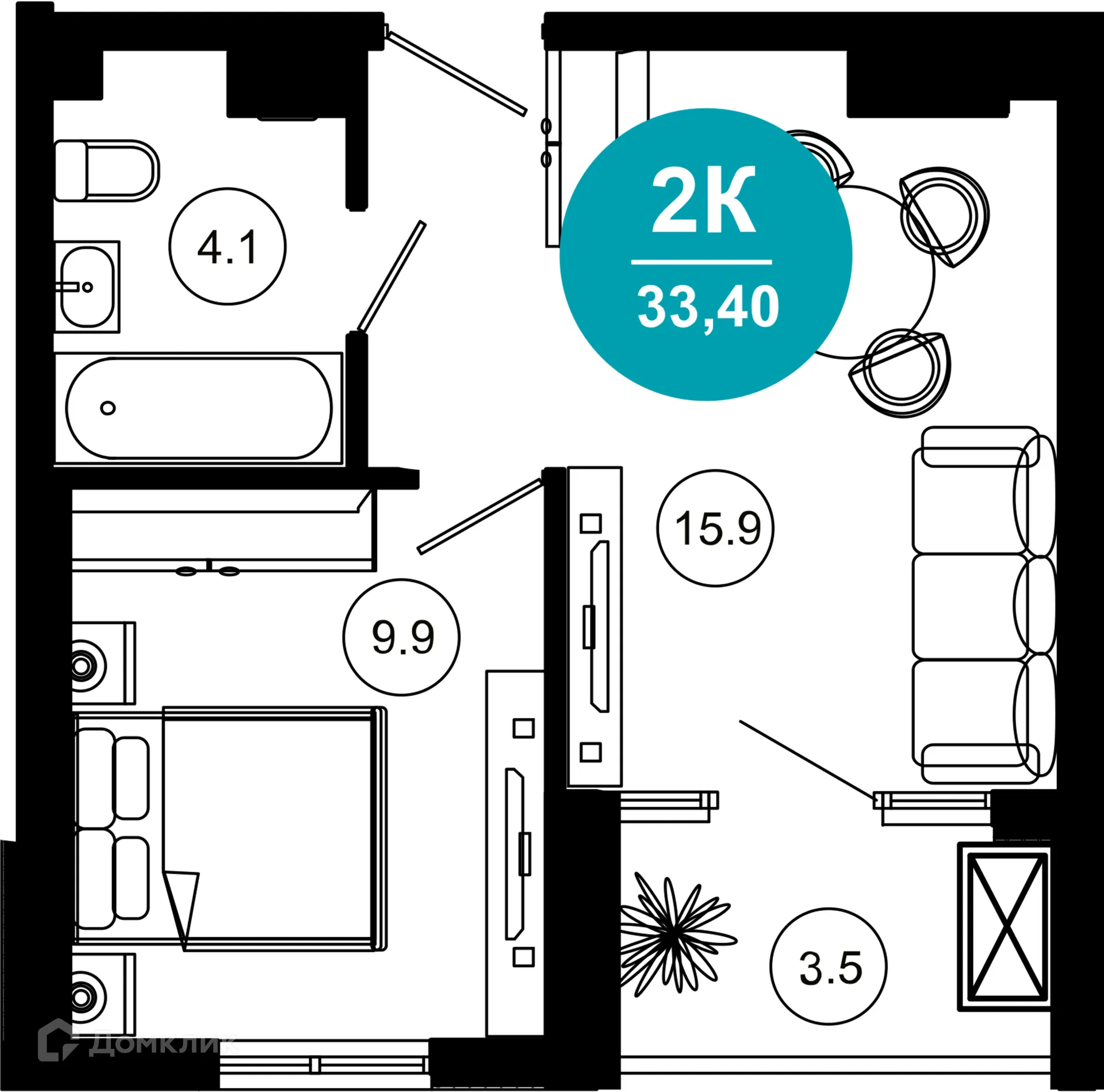Планировка 2-комнатной квартиры 33.4 м² в ЖК Гостиничный комплекс "Нескучный сад", г. Сочи — фото 1