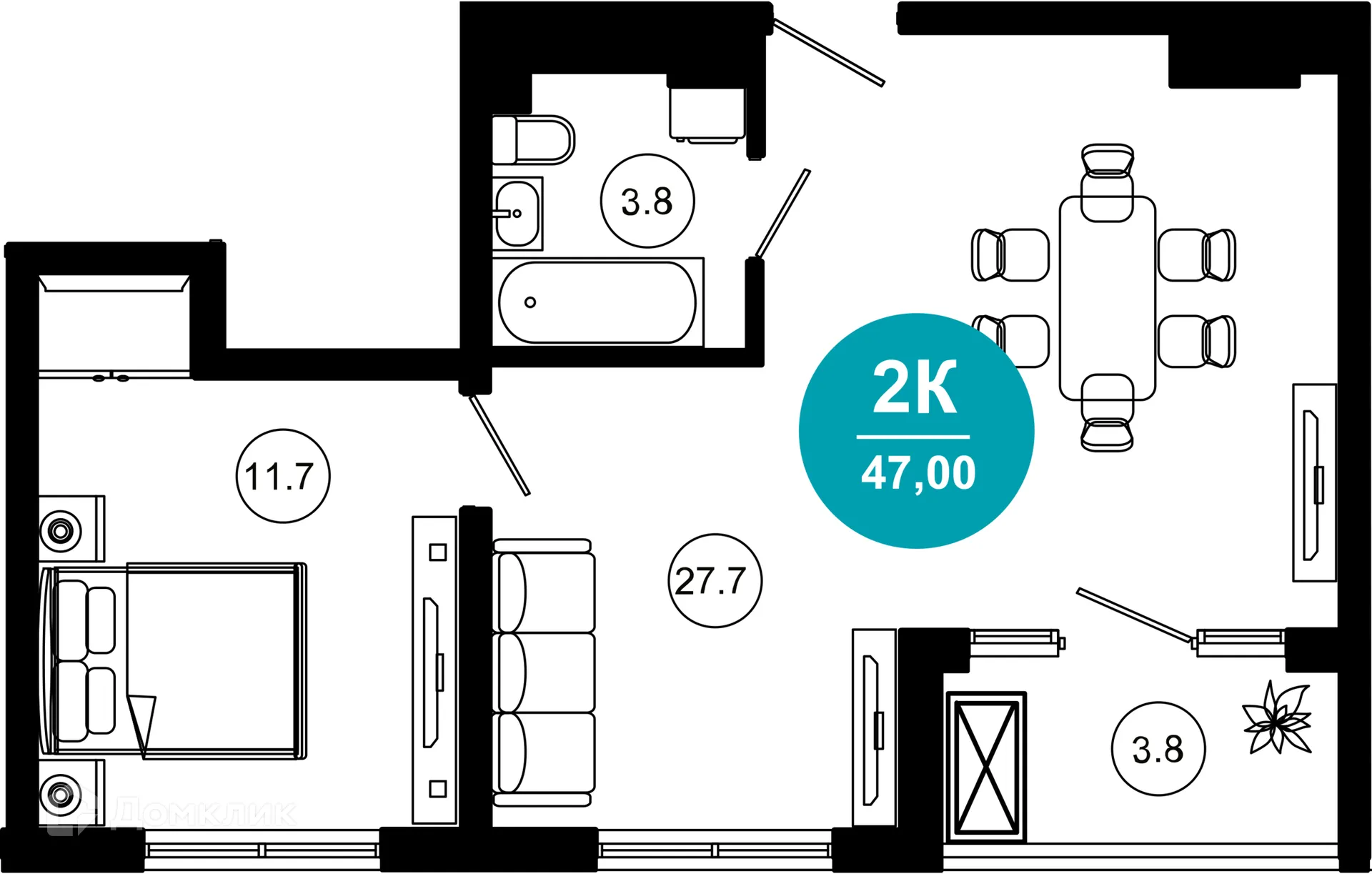 Планировка 2-комнатной квартиры 47 м² в ЖК Гостиничный комплекс "Нескучный сад", г. Сочи — фото 1