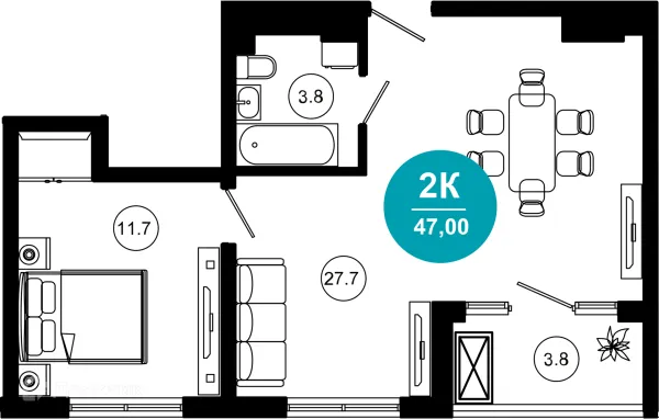 Планировка 2 комн. в ЖК Гостиничный комплекс "Нескучный сад"
