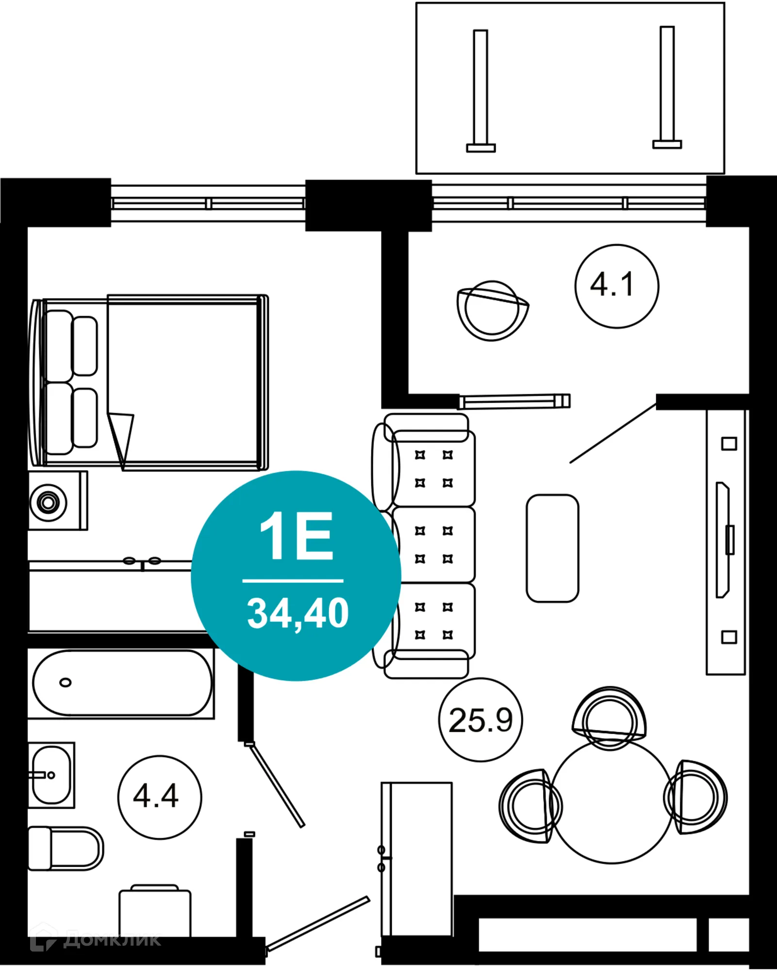 Планировка 1-комнатной квартиры 34.4 м² в ЖК Гостиничный комплекс "Нескучный сад", г. Сочи — фото 1