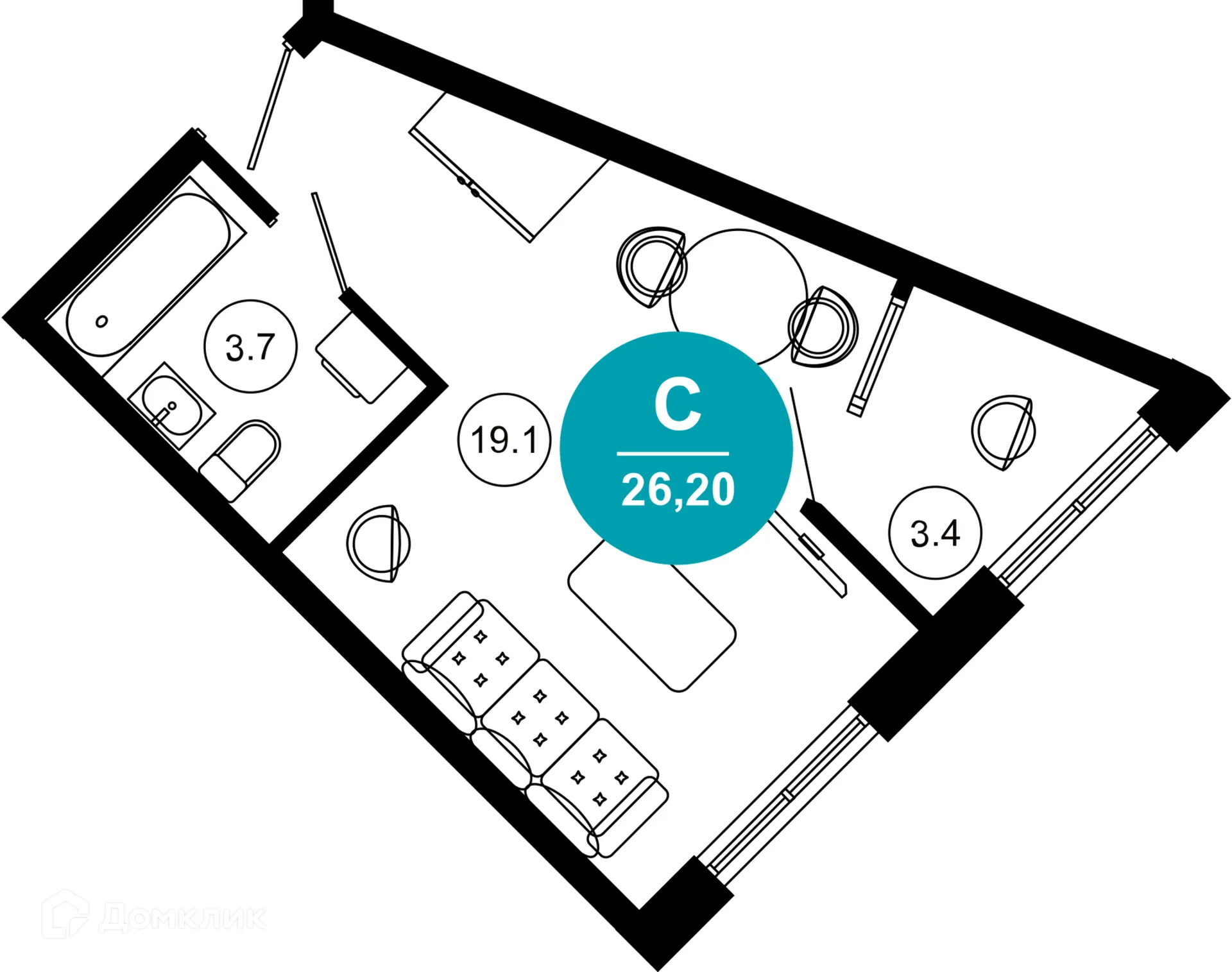 Планировка 1-комнатной квартиры 26.2 м² в ЖК Гостиничный комплекс "Нескучный сад", г. Сочи — фото 1