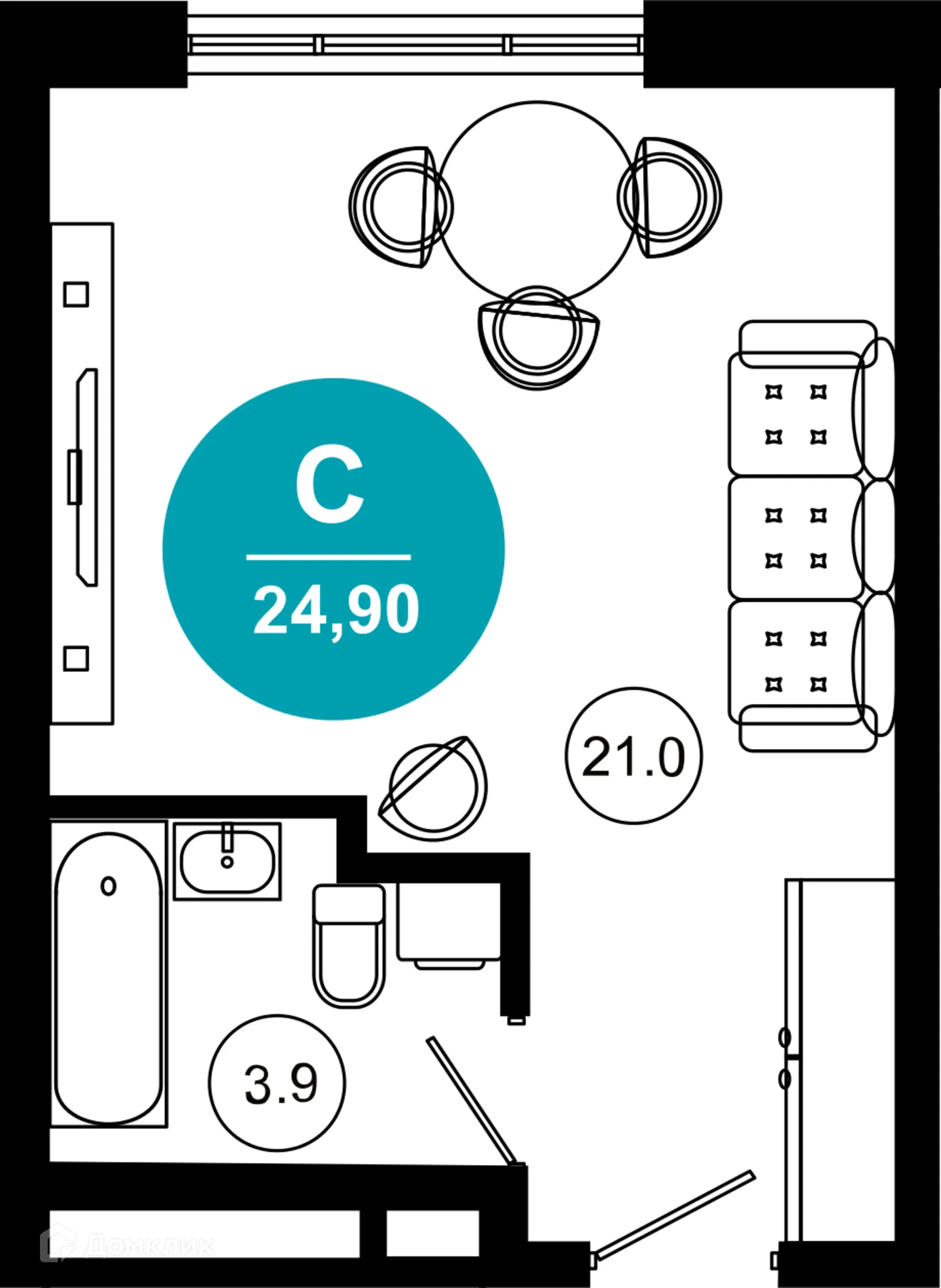 Планировка 1-комнатной квартиры 24.9 м² в ЖК Гостиничный комплекс "Нескучный сад", г. Сочи — фото 1