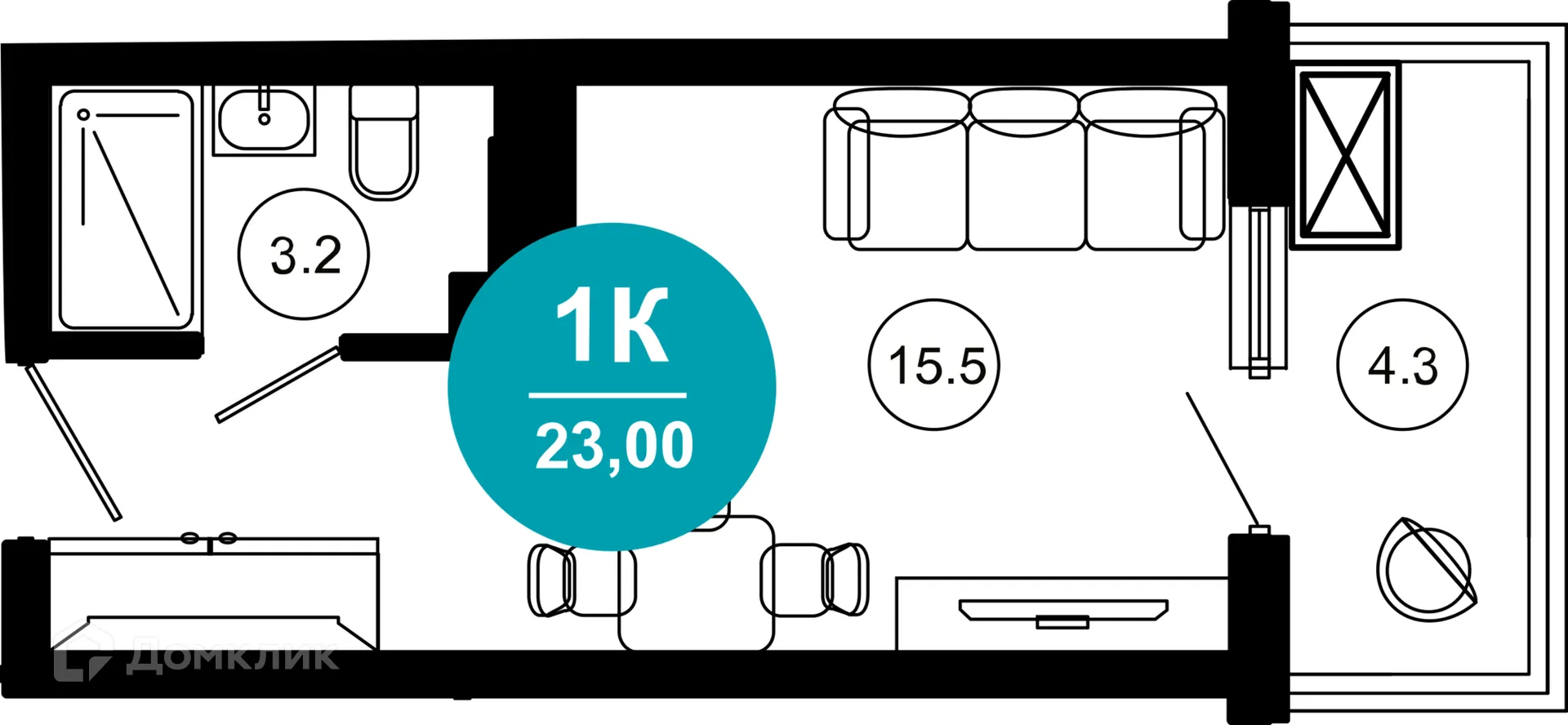 Планировка 1-комнатной квартиры 23 м² в ЖК Гостиничный комплекс "Нескучный сад", г. Сочи — фото 1
