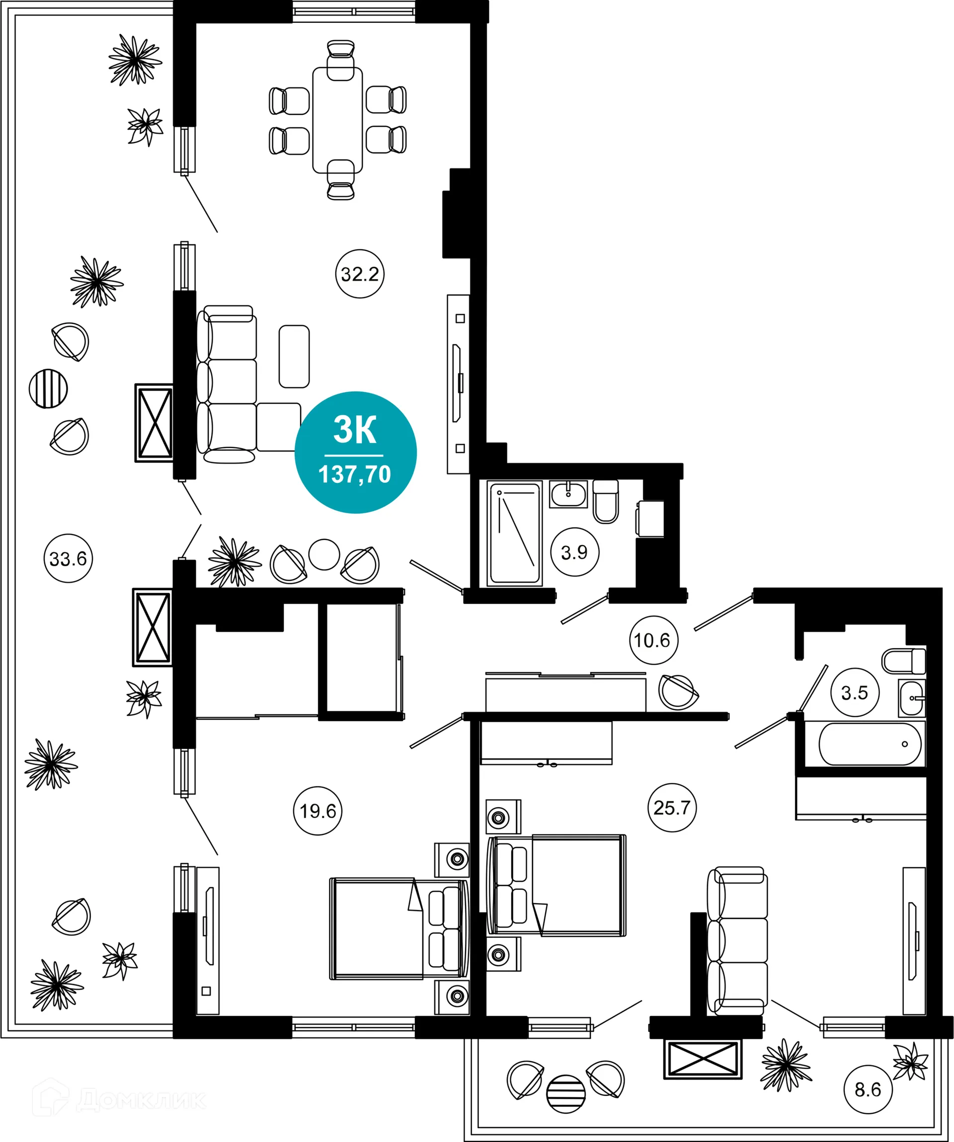 Планировка 3-комнатной квартиры 137.7 м² в ЖК Гостиничный комплекс "Нескучный сад", г. Сочи — фото 1