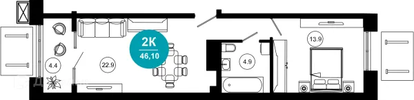 Планировка 2 комн. в ЖК Гостиничный комплекс "Нескучный сад"