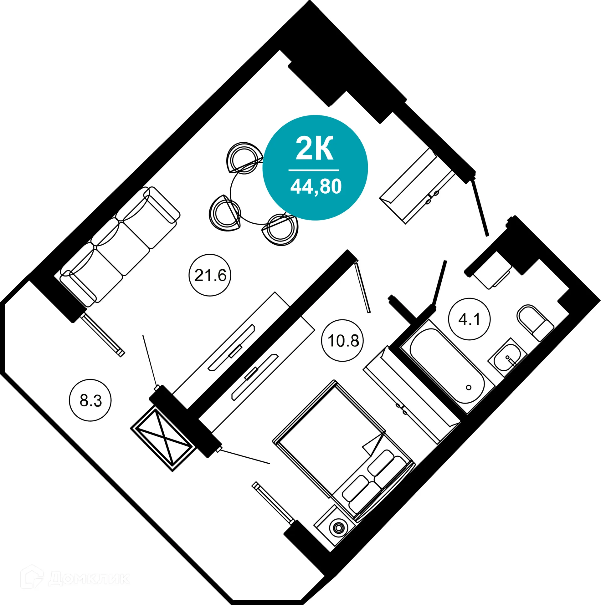 Планировка 2-комнатной квартиры 44.8 м² в ЖК Гостиничный комплекс "Нескучный сад", г. Сочи — фото 1