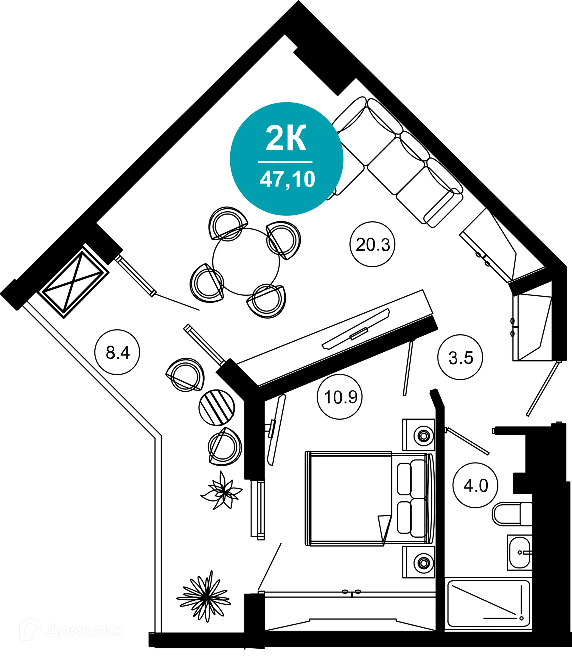 Планировка 2-комнатной квартиры 47.1 м² в ЖК Гостиничный комплекс "Нескучный сад", г. Сочи — фото 1
