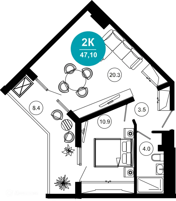 Планировка 2 комн. в ЖК Гостиничный комплекс "Нескучный сад"