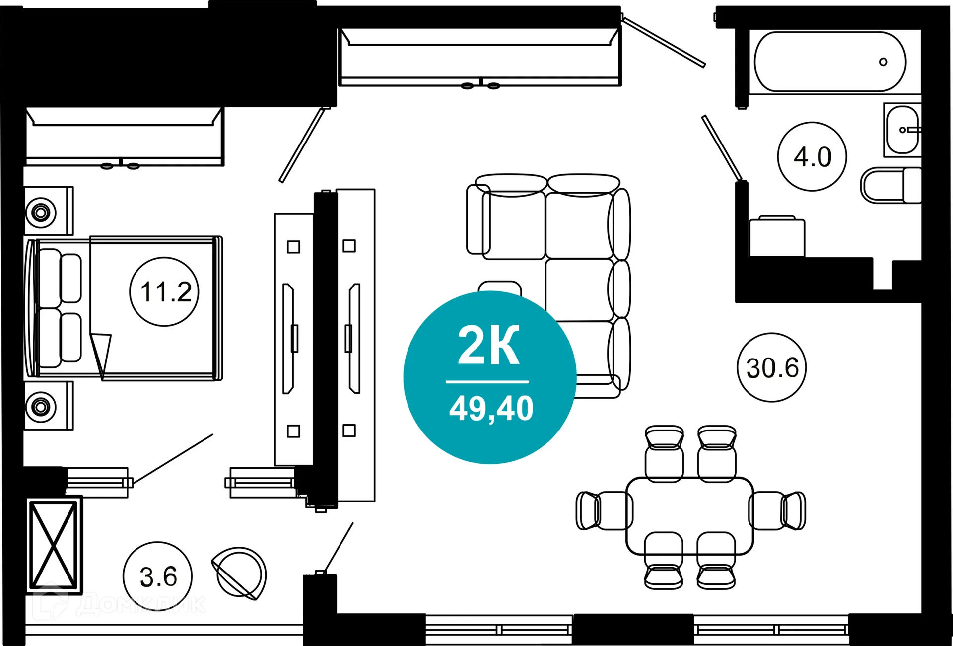 Планировка 2-комнатной квартиры 49.4 м² в ЖК Гостиничный комплекс "Нескучный сад", г. Сочи — фото 1