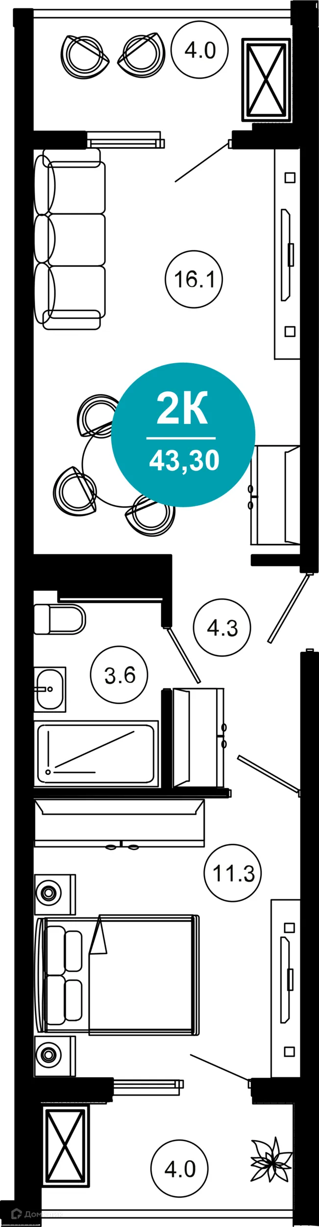 Планировка 2-комнатной квартиры 43.3 м² в ЖК Гостиничный комплекс "Нескучный сад", г. Сочи — фото 1