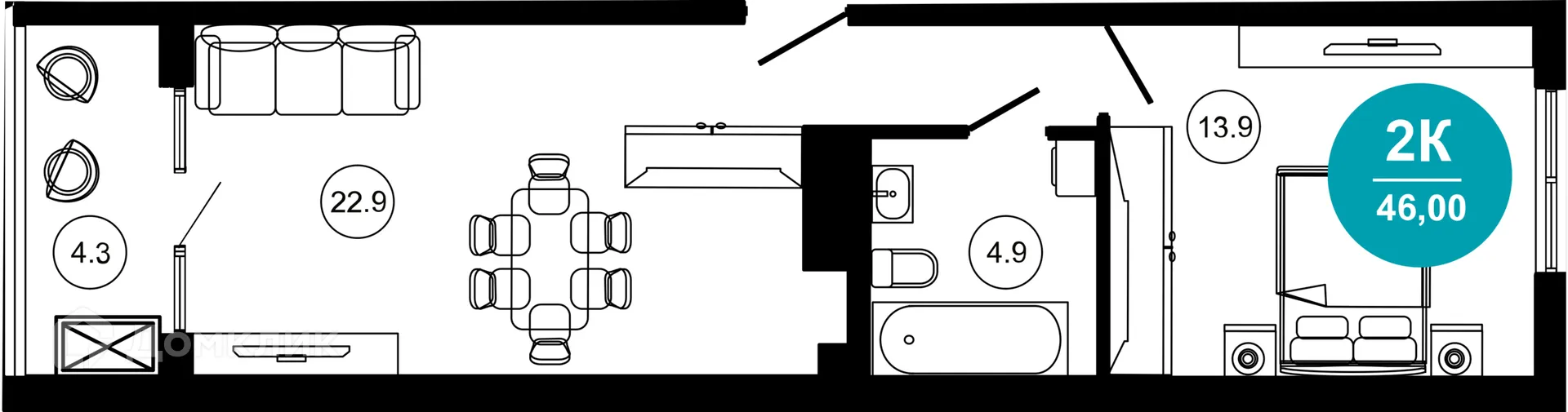 Планировка 2-комнатной квартиры 46 м² в ЖК Гостиничный комплекс "Нескучный сад", г. Сочи — фото 1