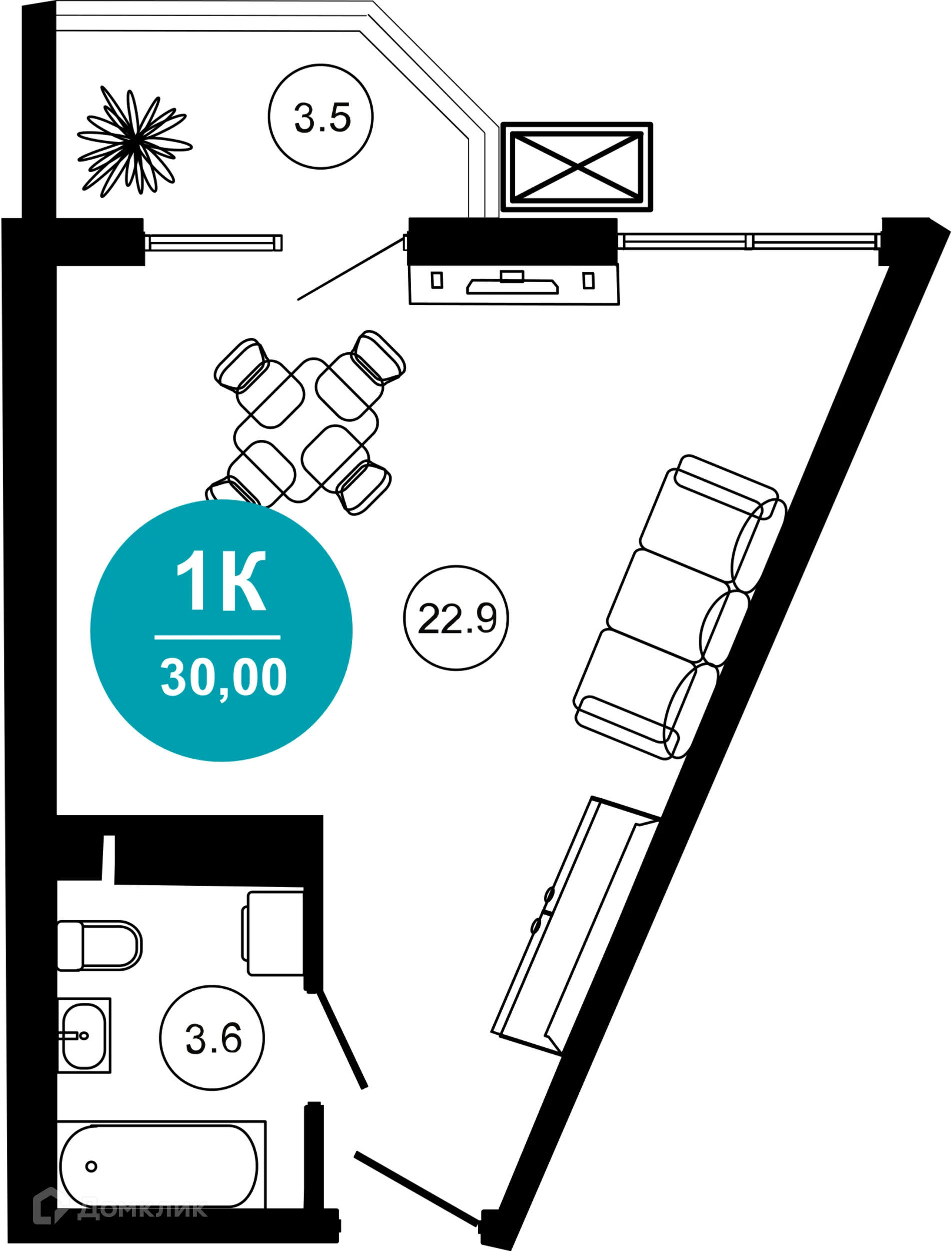 Планировка 1-комнатной квартиры 30 м² в ЖК Гостиничный комплекс "Нескучный сад", г. Сочи — фото 1
