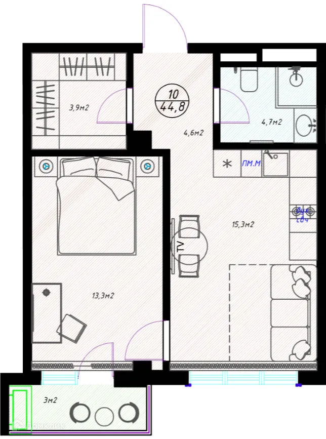 Планировка 1-комнатной квартиры 44.8 м² в ЖК OLIVIA (ОЛИВИА), г. Сочи — фото 1