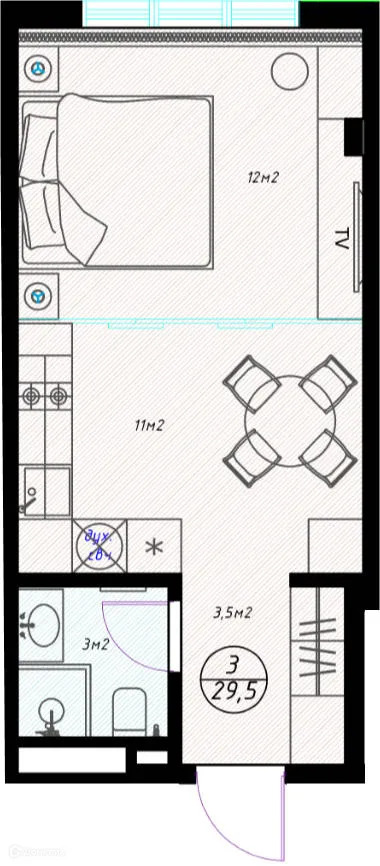 Планировка студии квартиры 29.5 м² в ЖК OLIVIA (ОЛИВИА), г. Сочи — фото 1