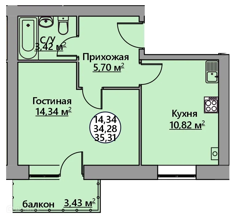 Планировка 1-комнатной квартиры 35.55 м² в ЖК Родной Град, г. Сочи — фото 1