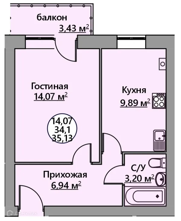Планировка 1 комн. в ЖК Родной Град