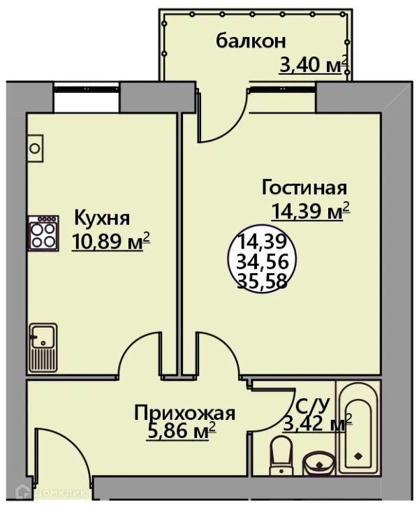 Планировка 1 комн. в ЖК Родной Град