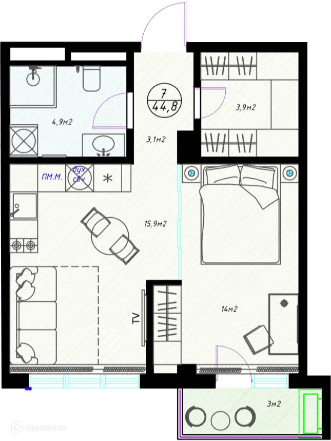 Планировка 1-комнатной квартиры 44.8 м² в ЖК OLIVIA (ОЛИВИА), г. Сочи — фото 1
