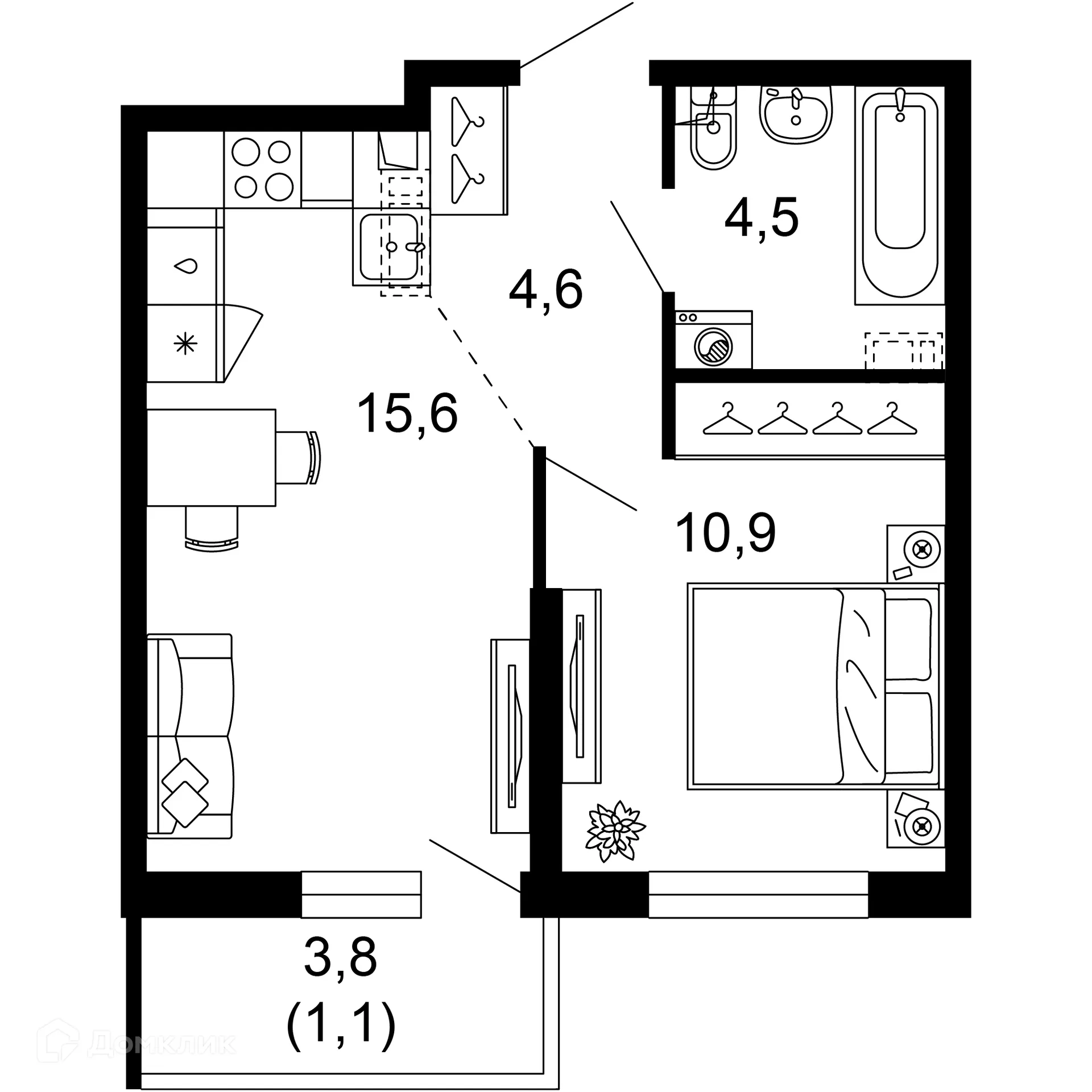 Планировка 1-комнатной квартиры 36.7 м² в ЖК Лестория, г. Сочи — фото 1