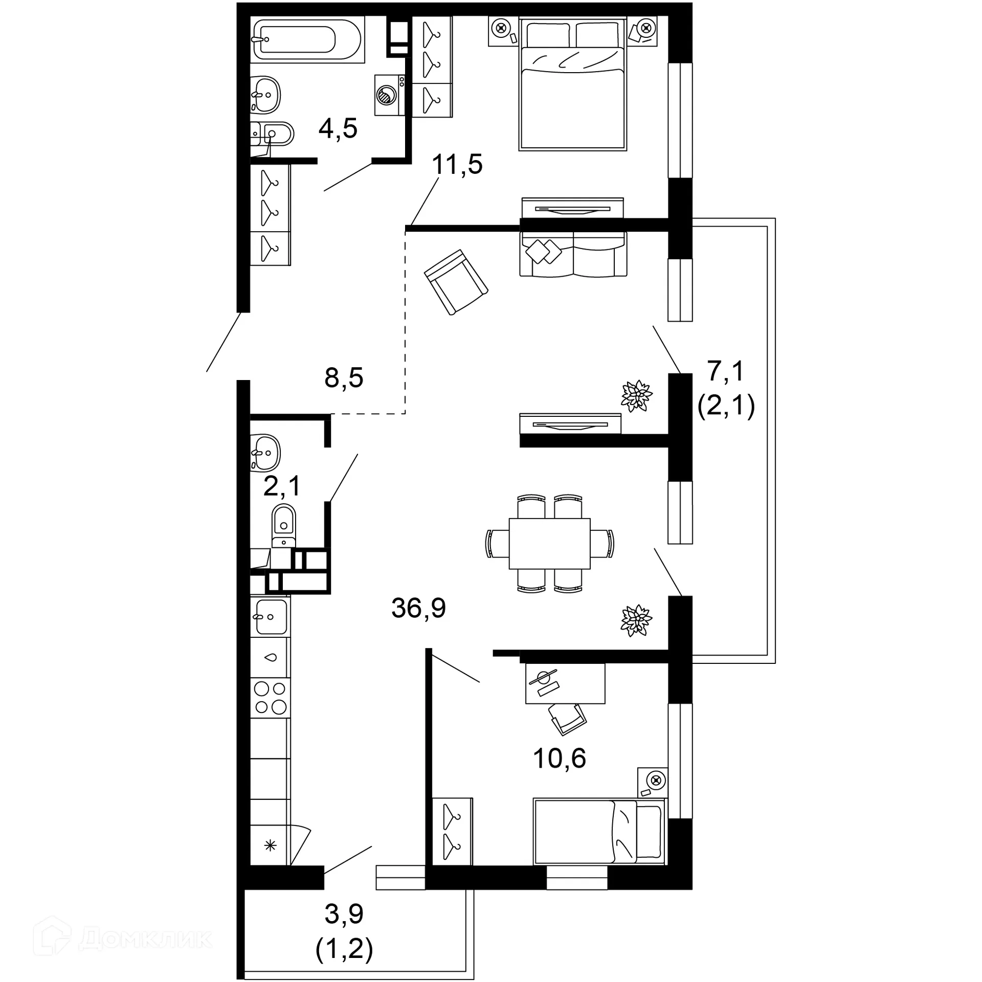 Планировка 2-комнатной квартиры 77.4 м² в ЖК Лестория, г. Сочи — фото 1
