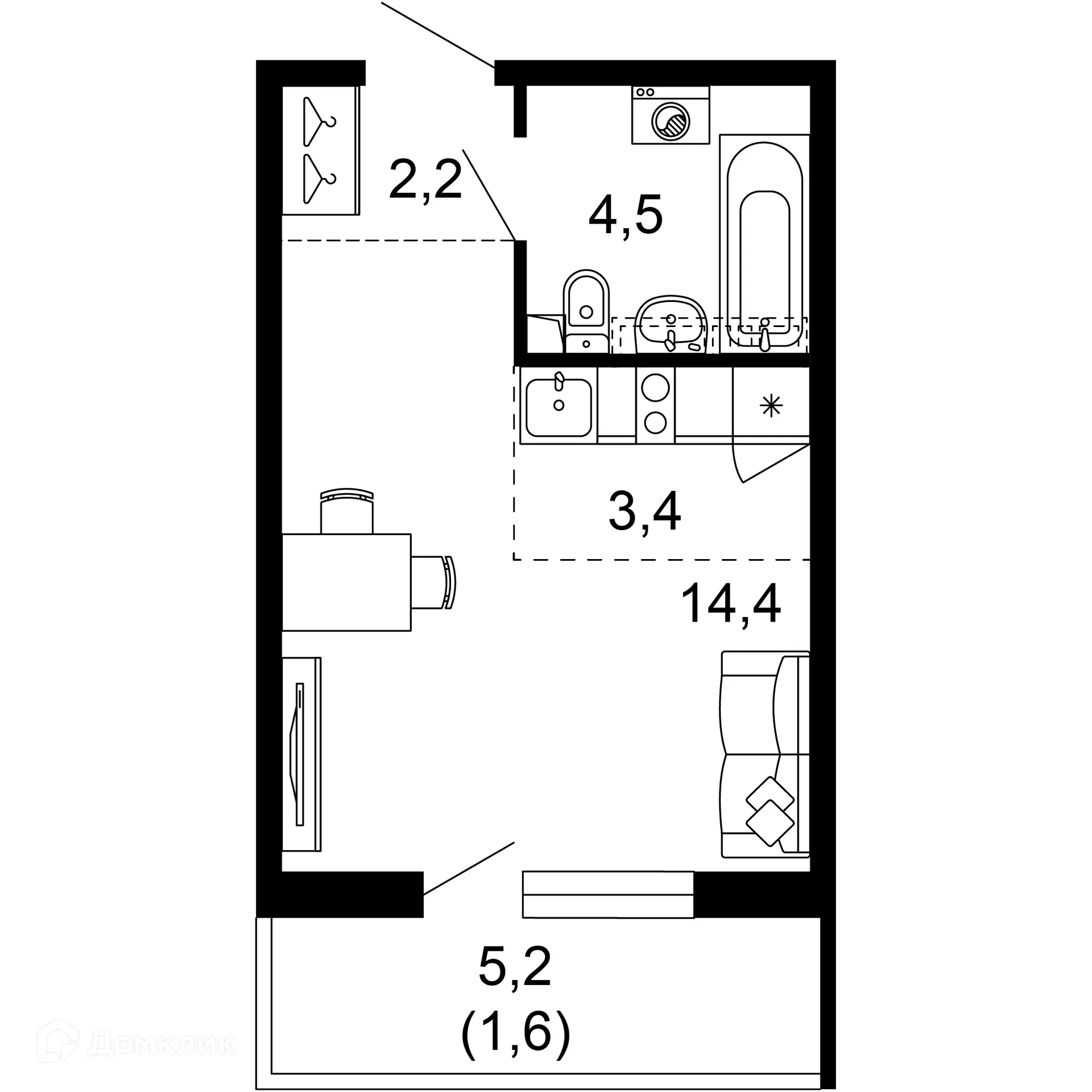 Планировка 1-комнатной квартиры 26.1 м² в ЖК Лестория, г. Сочи — фото 1