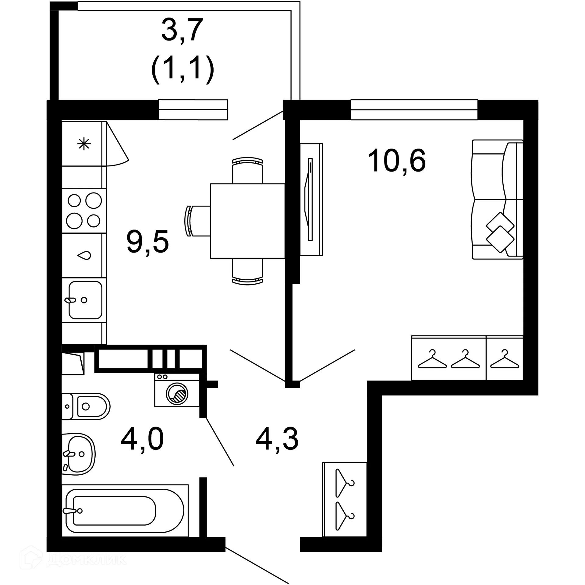 Планировка 1-комнатной квартиры 29.5 м² в ЖК Лестория, г. Сочи — фото 1