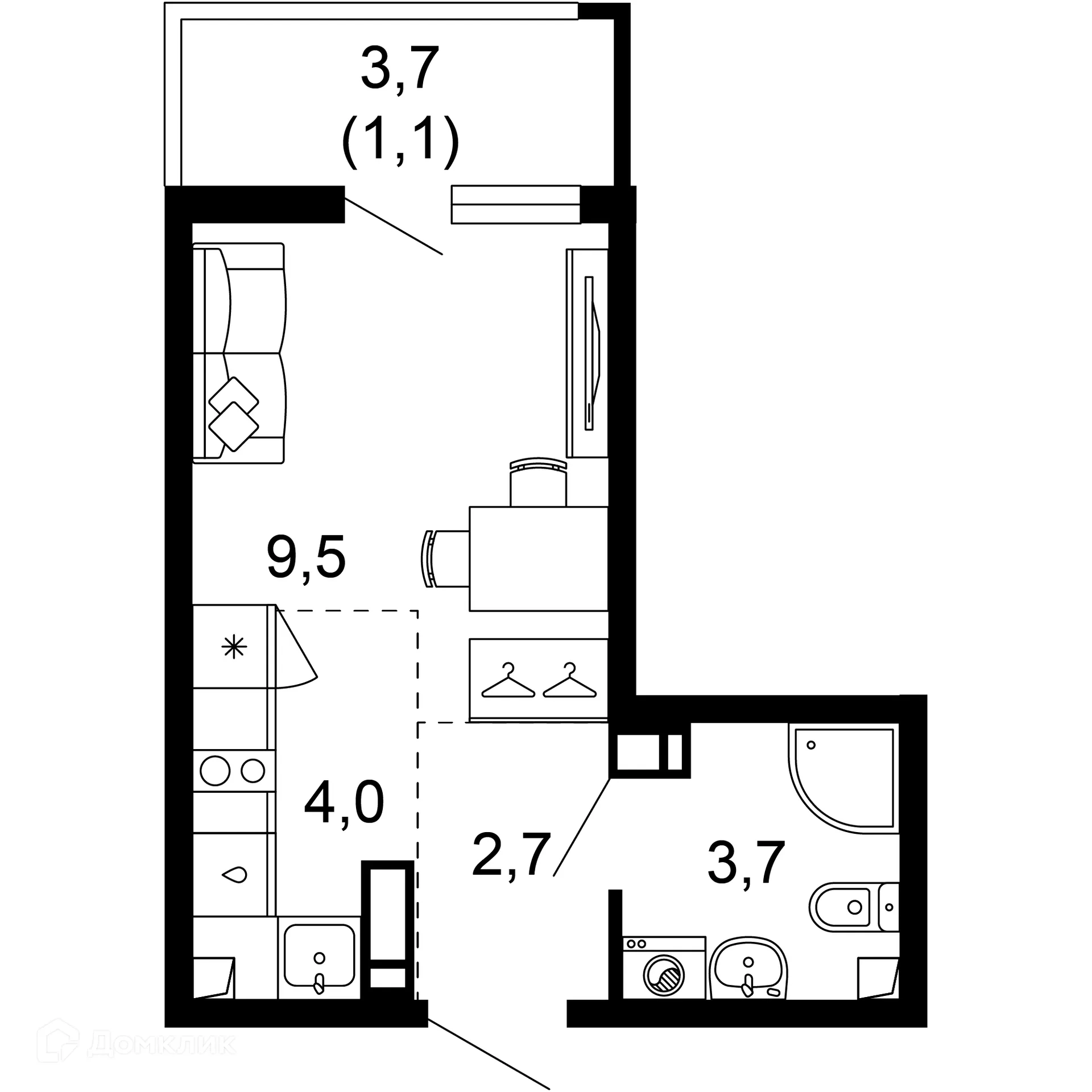 Планировка 1-комнатной квартиры 21 м² в ЖК Лестория, г. Сочи — фото 1