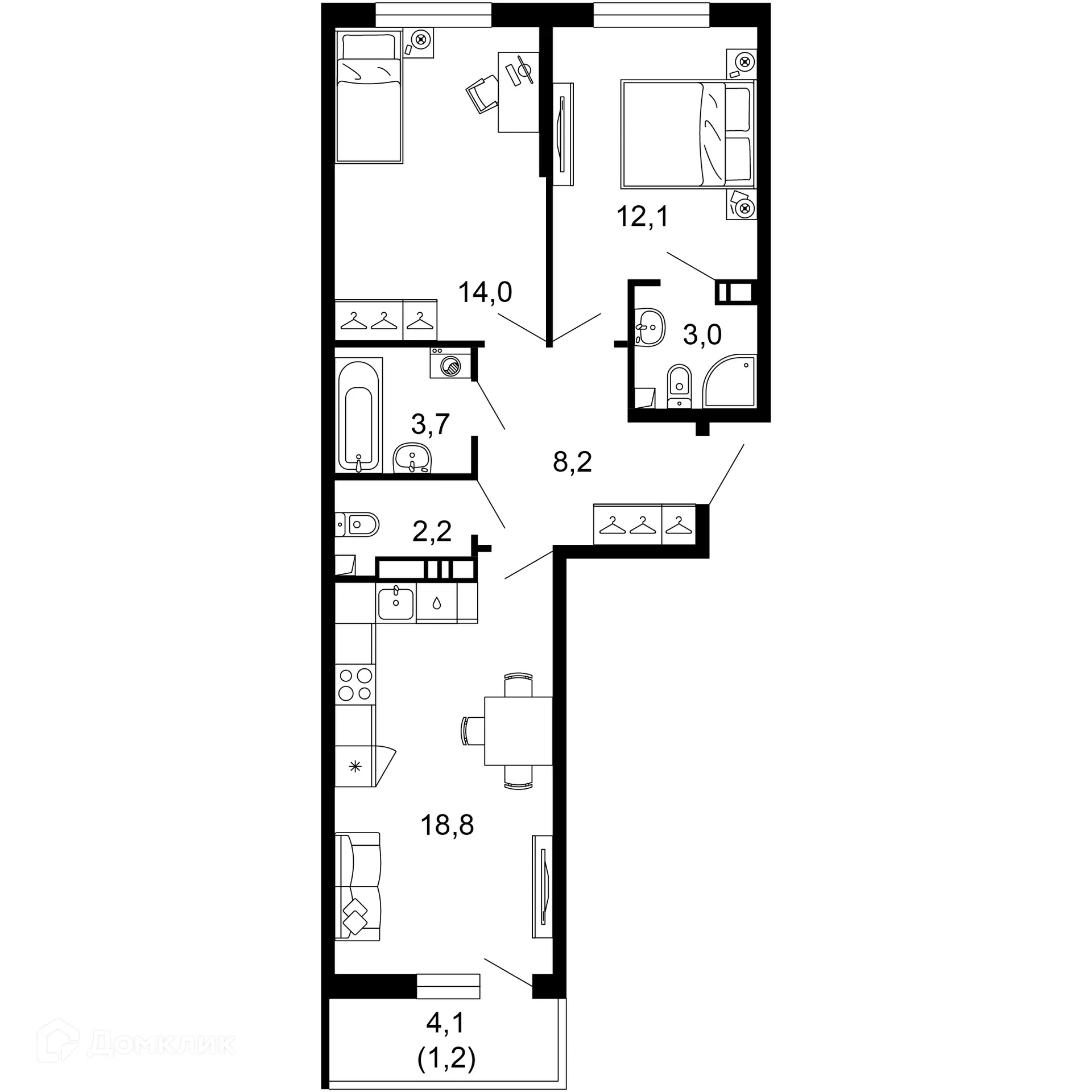 Планировка 2-комнатной квартиры 63.2 м² в ЖК Лестория, г. Сочи — фото 1