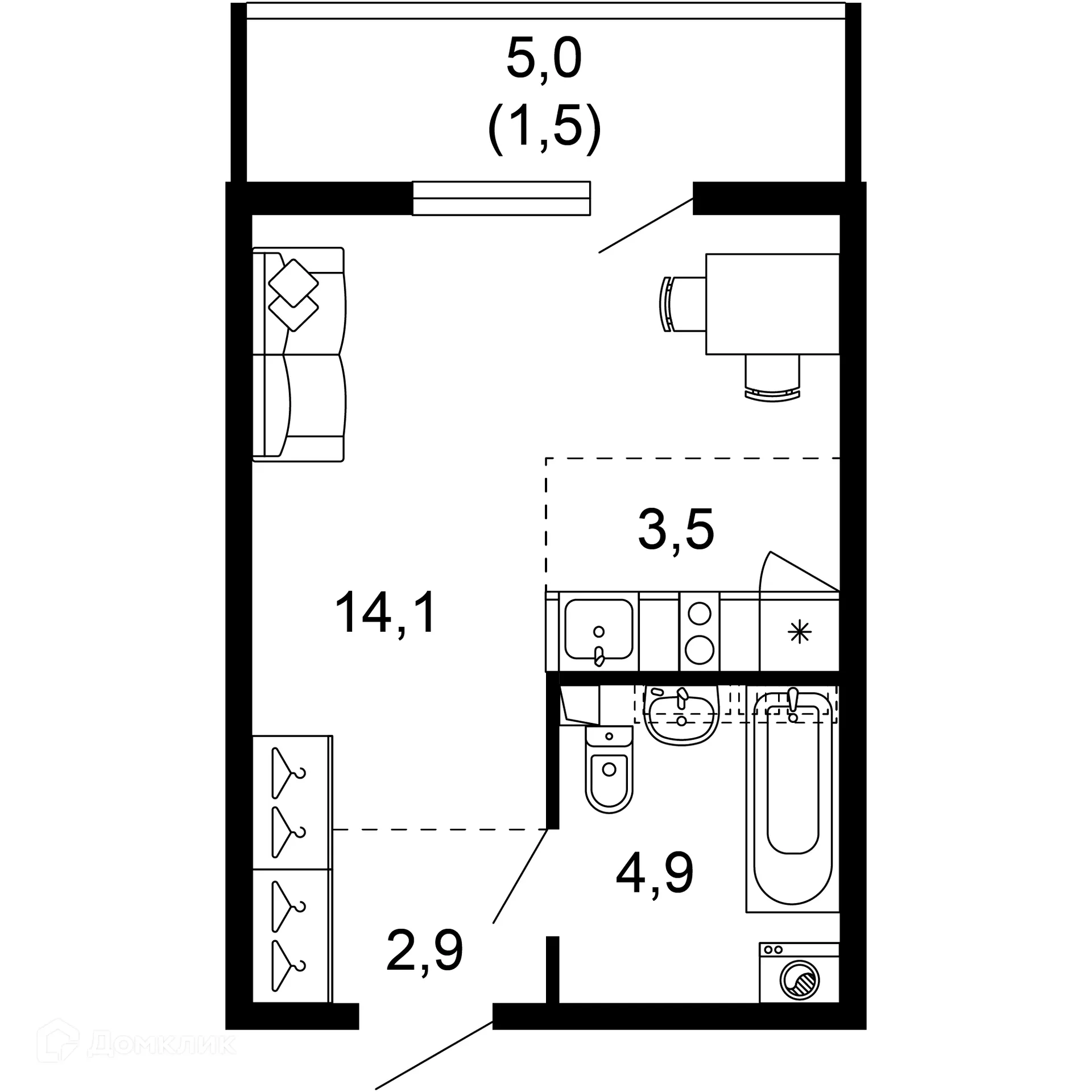 Планировка 1-комнатной квартиры 26.9 м² в ЖК Лестория, г. Сочи — фото 1