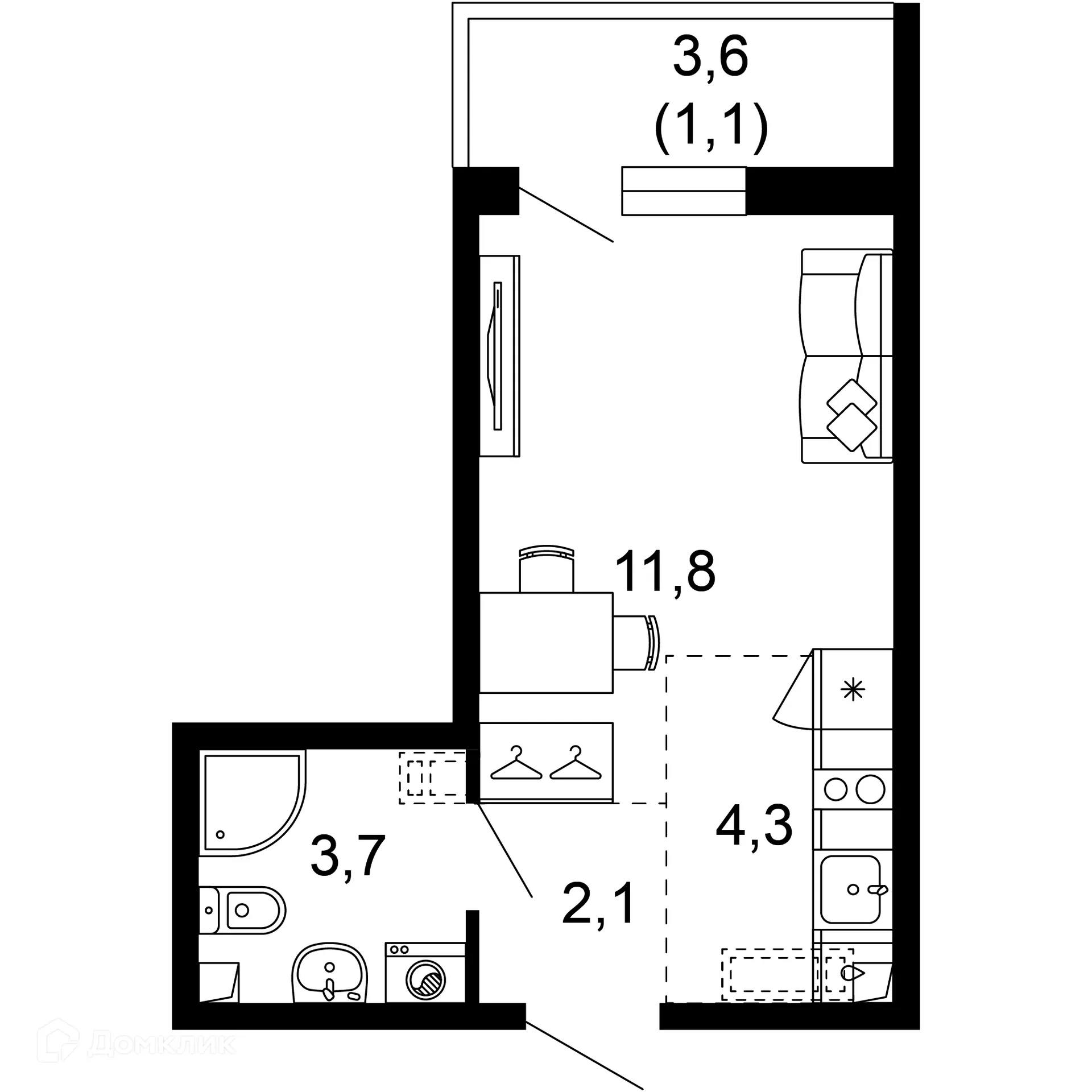 Планировка 1-комнатной квартиры 23 м² в ЖК Лестория, г. Сочи — фото 1
