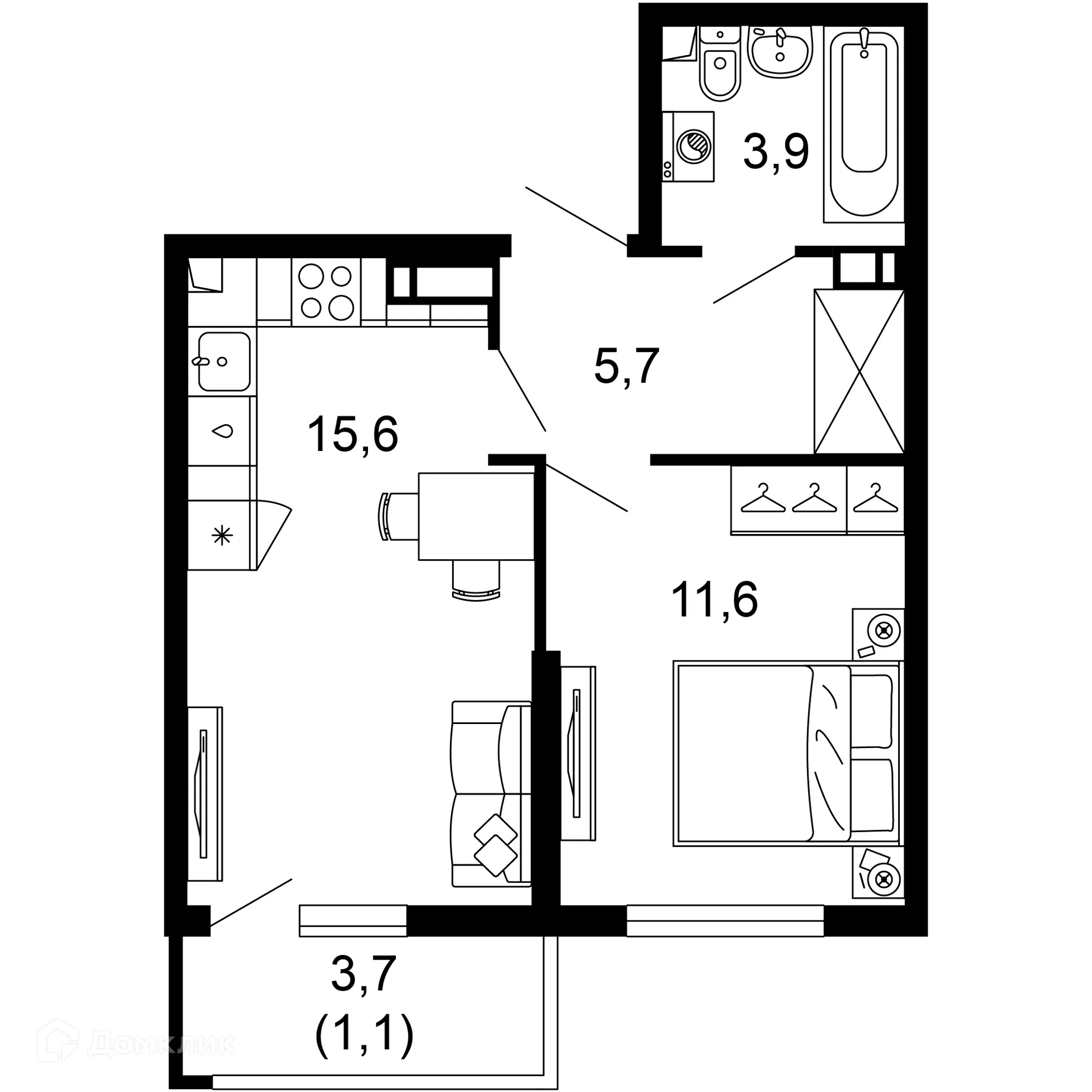Планировка 1-комнатной квартиры 37.9 м² в ЖК Лестория, г. Сочи — фото 1