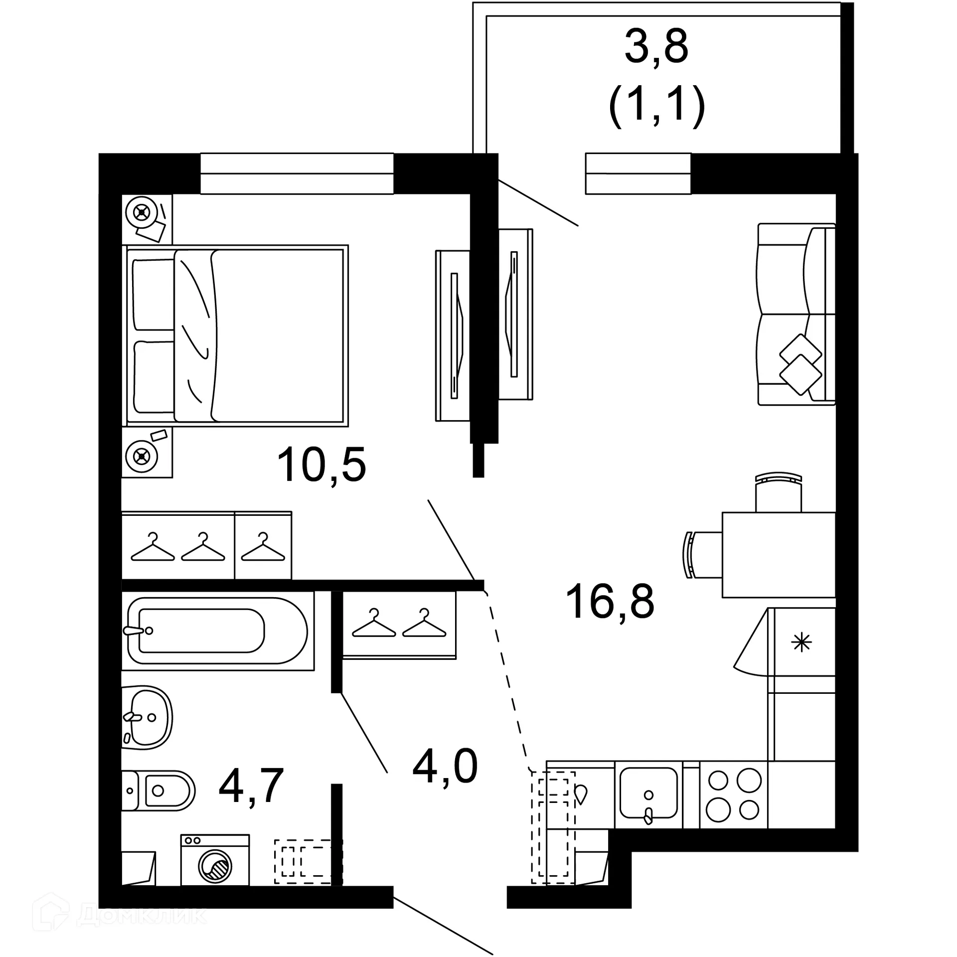Планировка 1-комнатной квартиры 37.1 м² в ЖК Лестория, г. Сочи — фото 1