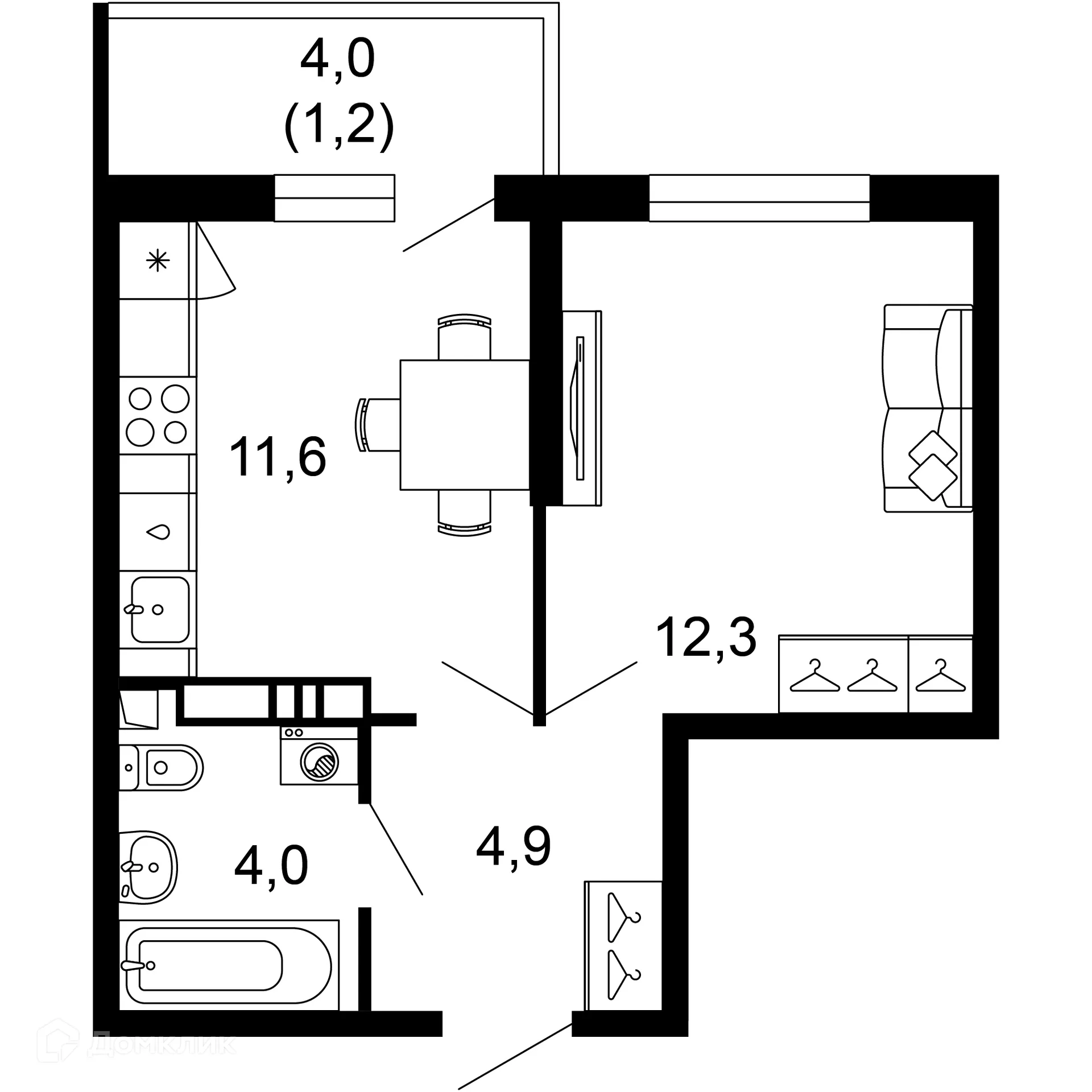Планировка 1-комнатной квартиры 34 м² в ЖК Лестория, г. Сочи — фото 1