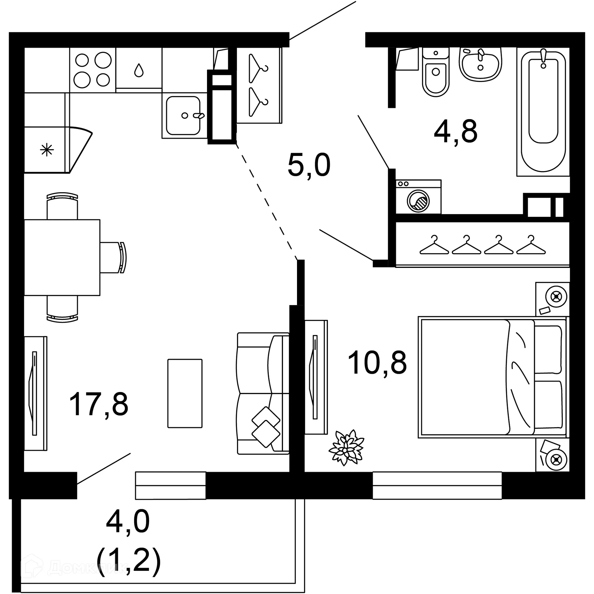Планировка 1-комнатной квартиры 39.6 м² в ЖК Лестория, г. Сочи — фото 1