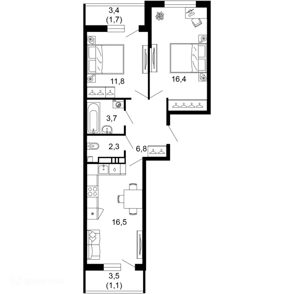 Планировка 2 комн. в ЖК Лестория
