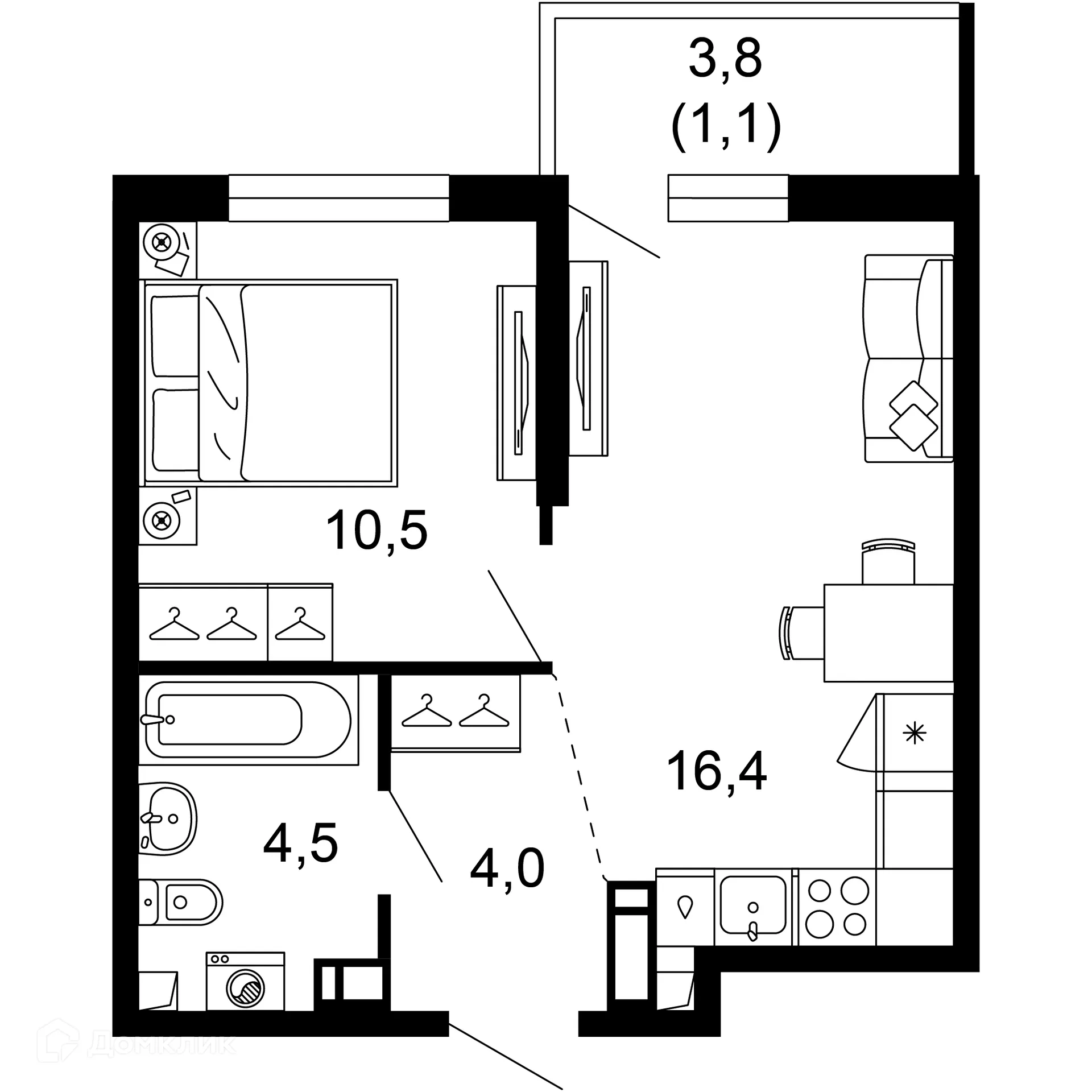 Планировка 1-комнатной квартиры 36.5 м² в ЖК Лестория, г. Сочи — фото 1
