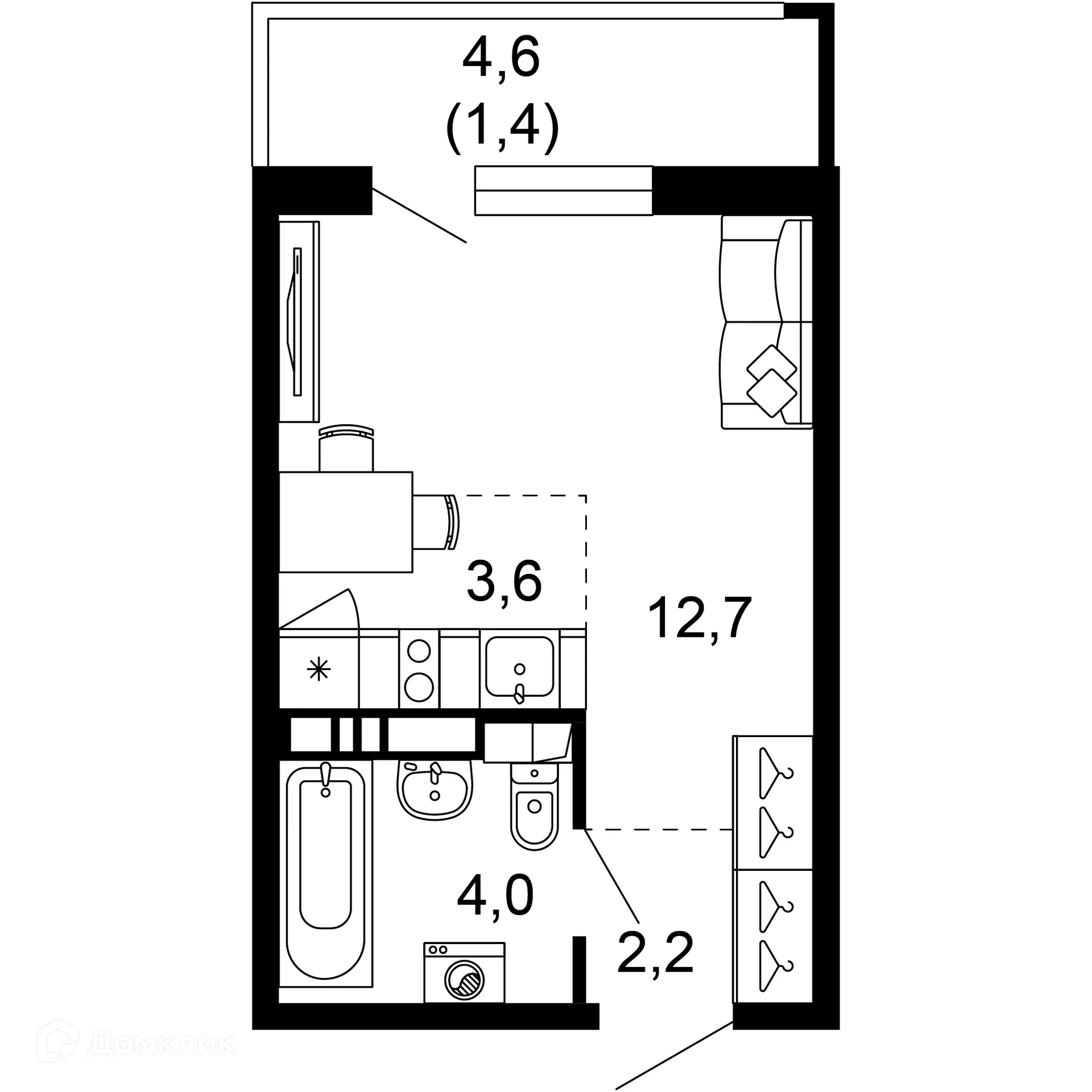Планировка 1-комнатной квартиры 23.9 м² в ЖК Лестория, г. Сочи — фото 1