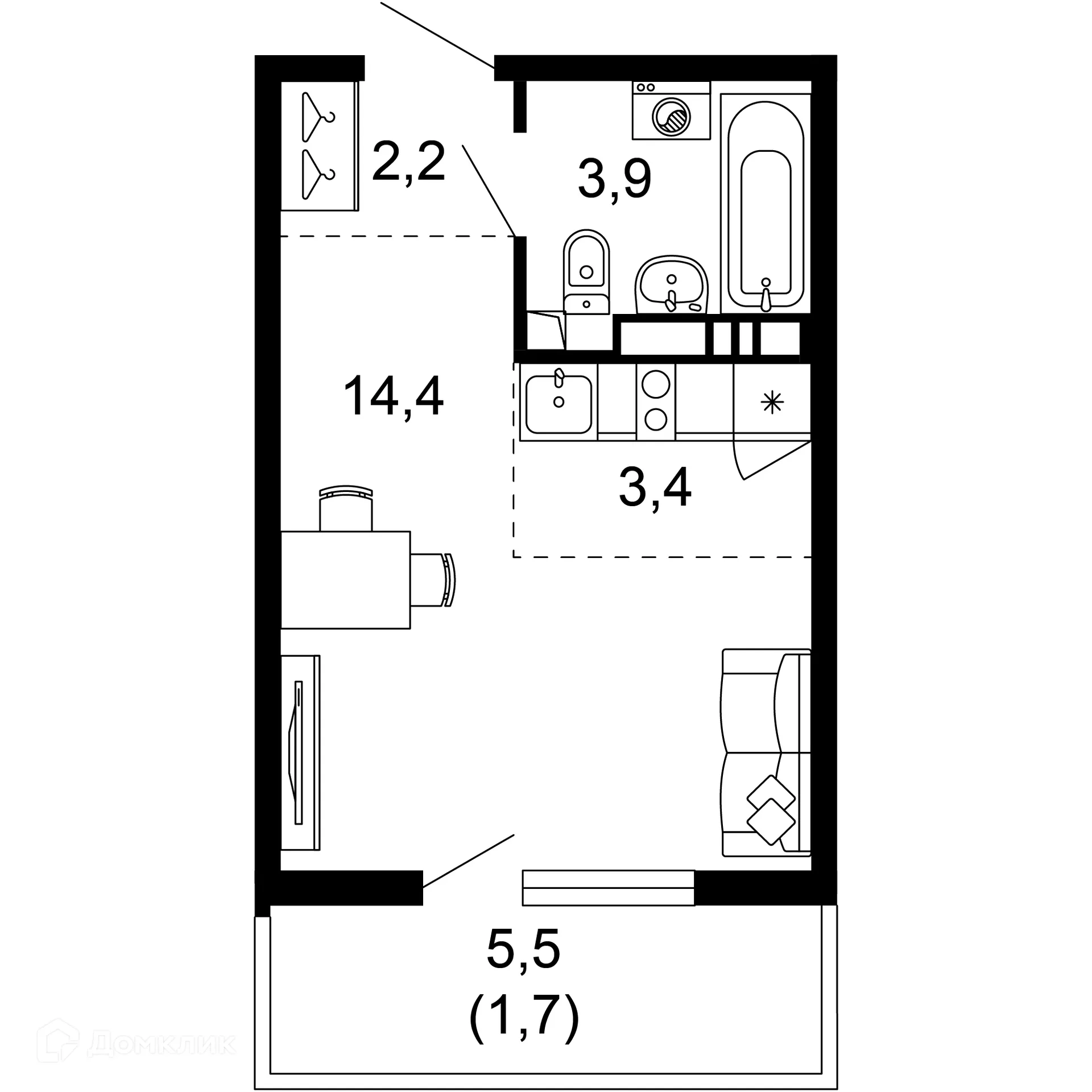 Планировка 1-комнатной квартиры 25.6 м² в ЖК Лестория, г. Сочи — фото 1