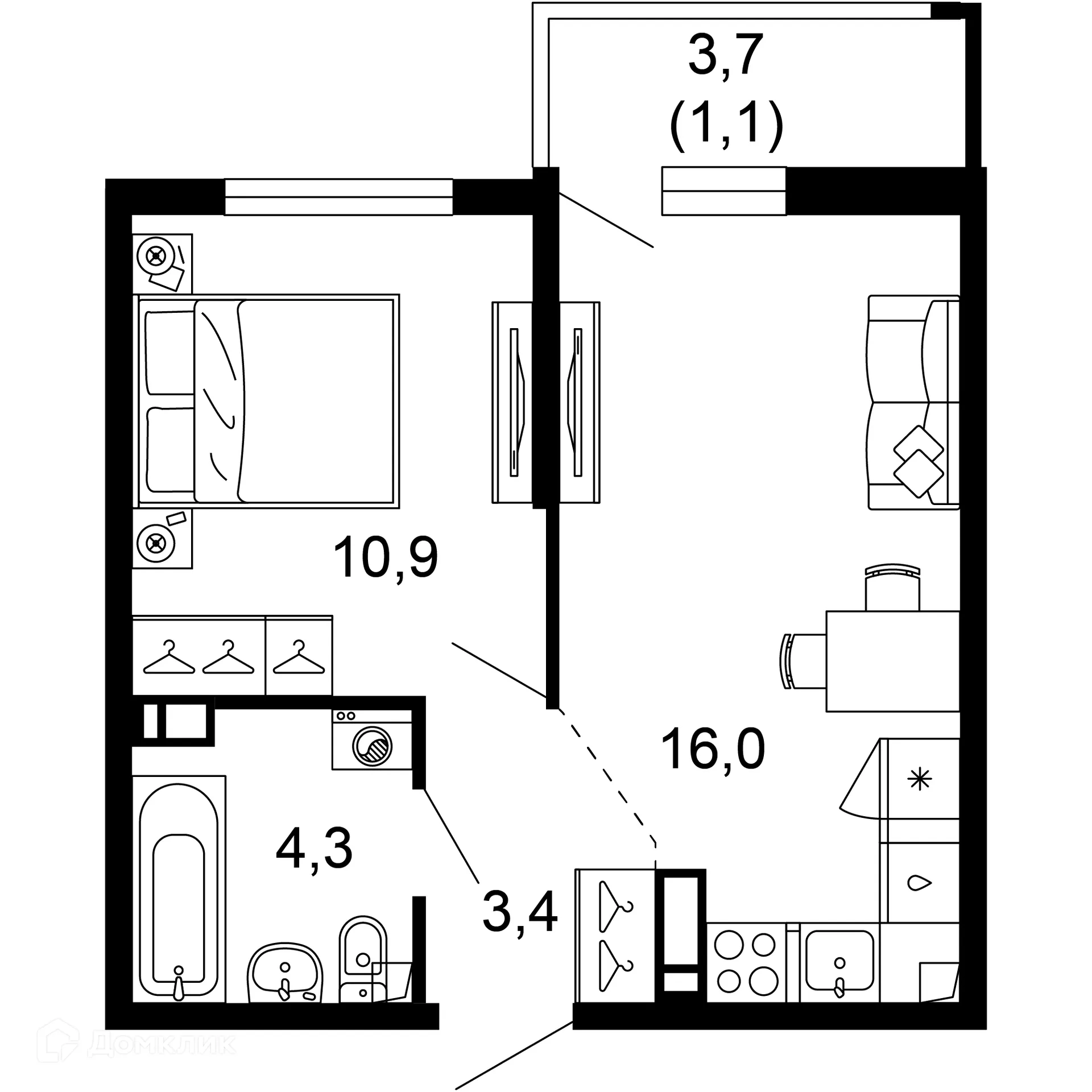 Планировка 1-комнатной квартиры 35.7 м² в ЖК Лестория, г. Сочи — фото 1