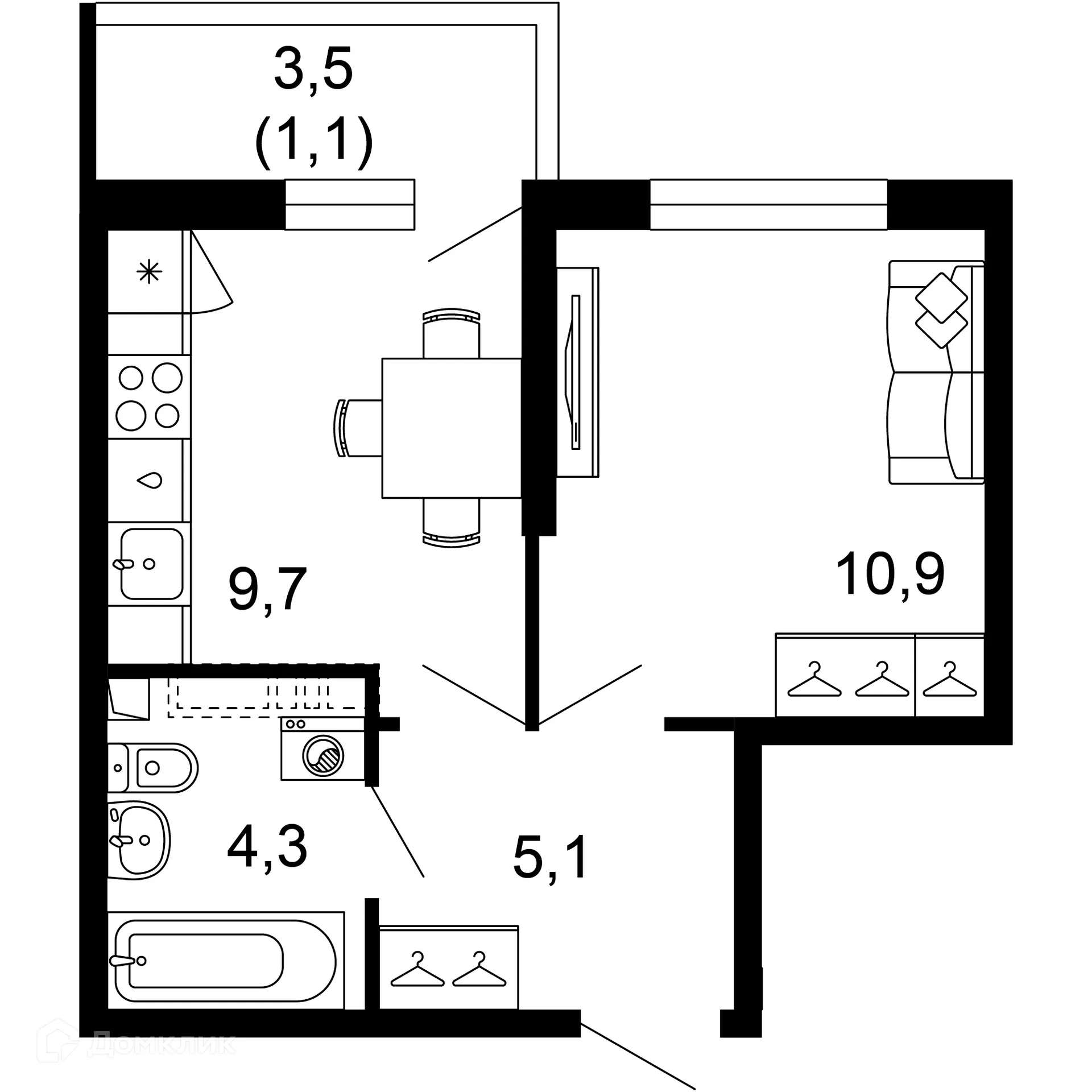 Планировка 1-комнатной квартиры 31.1 м² в ЖК Лестория, г. Сочи — фото 1