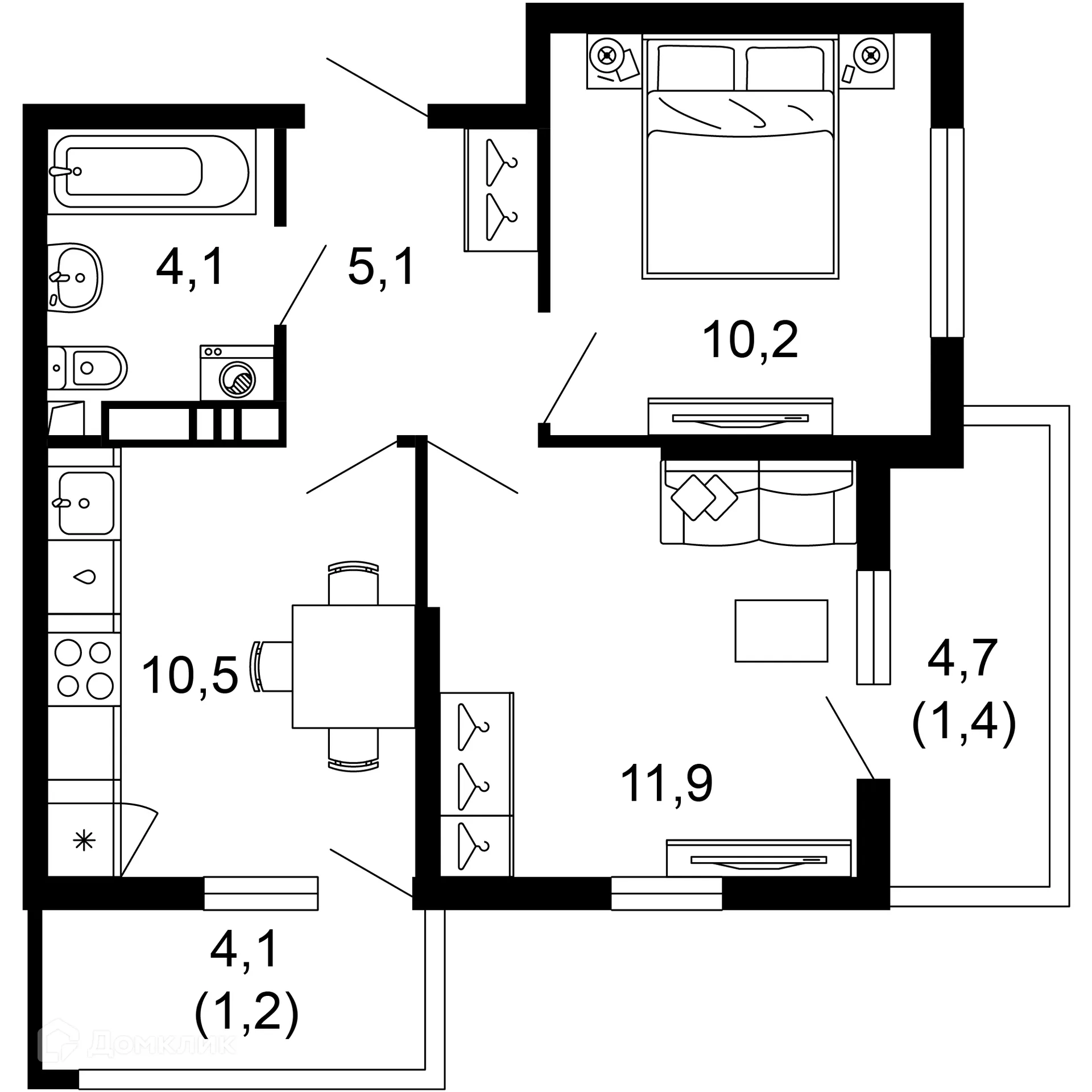 Планировка 2-комнатной квартиры 44.4 м² в ЖК Лестория, г. Сочи — фото 1