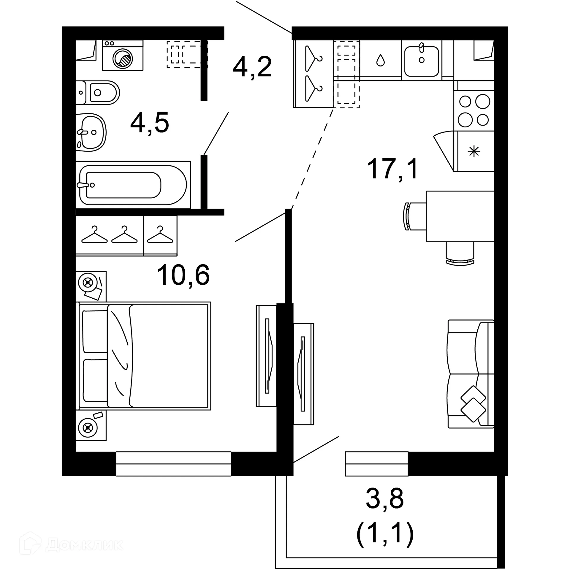 Планировка 1-комнатной квартиры 37.5 м² в ЖК Лестория, г. Сочи — фото 1