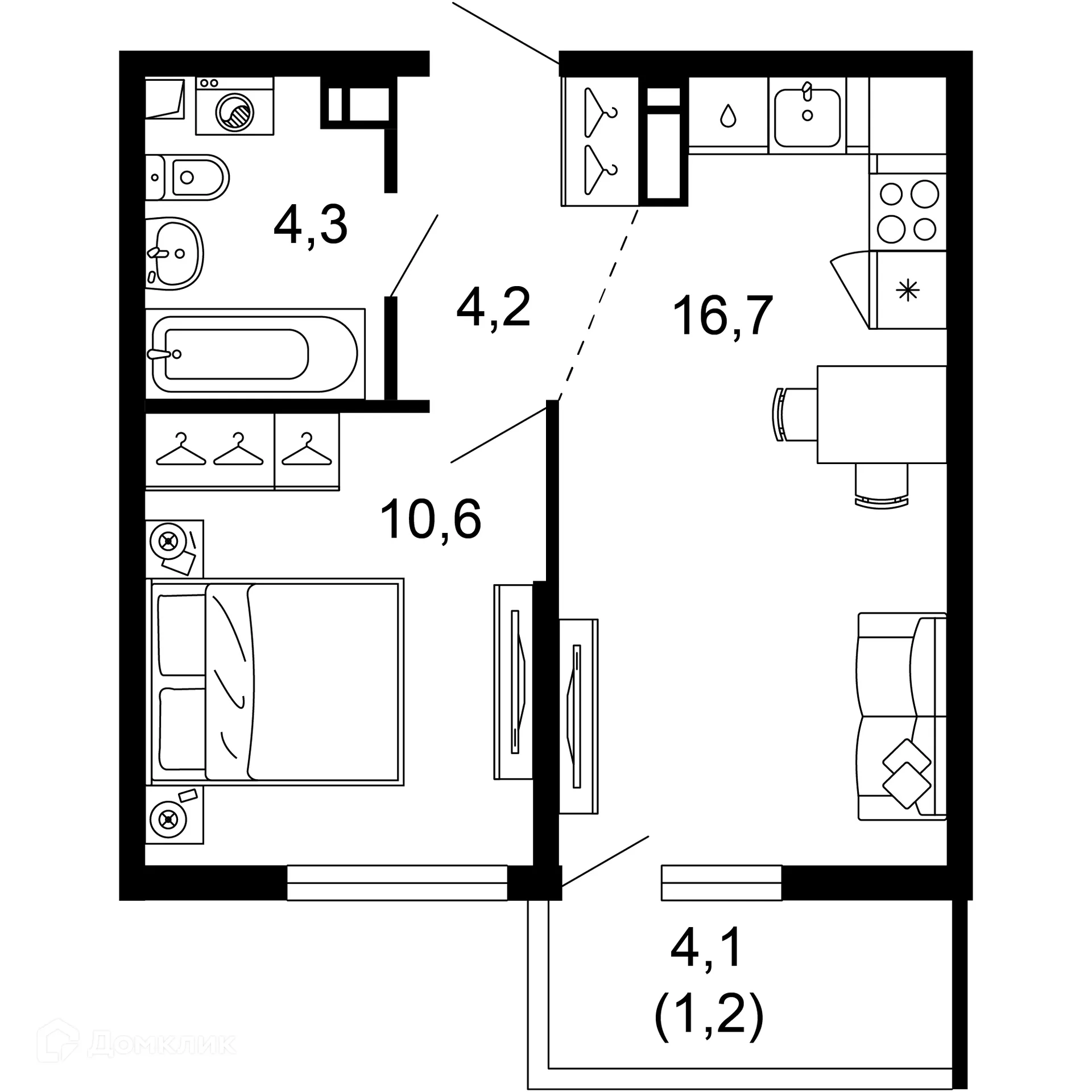 Планировка 1-комнатной квартиры 37 м² в ЖК Лестория, г. Сочи — фото 1