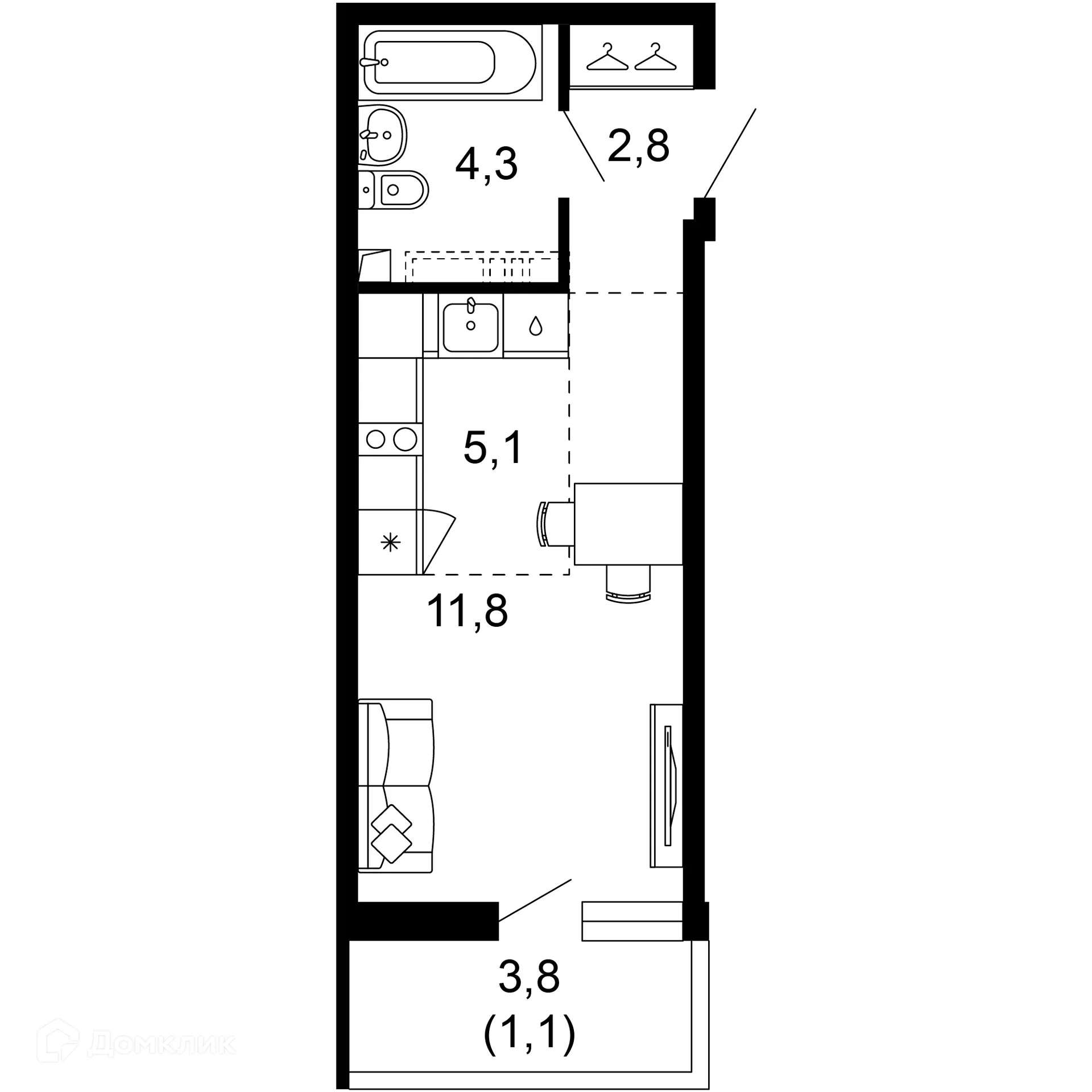 Планировка 1-комнатной квартиры 25.1 м² в ЖК Лестория, г. Сочи — фото 1