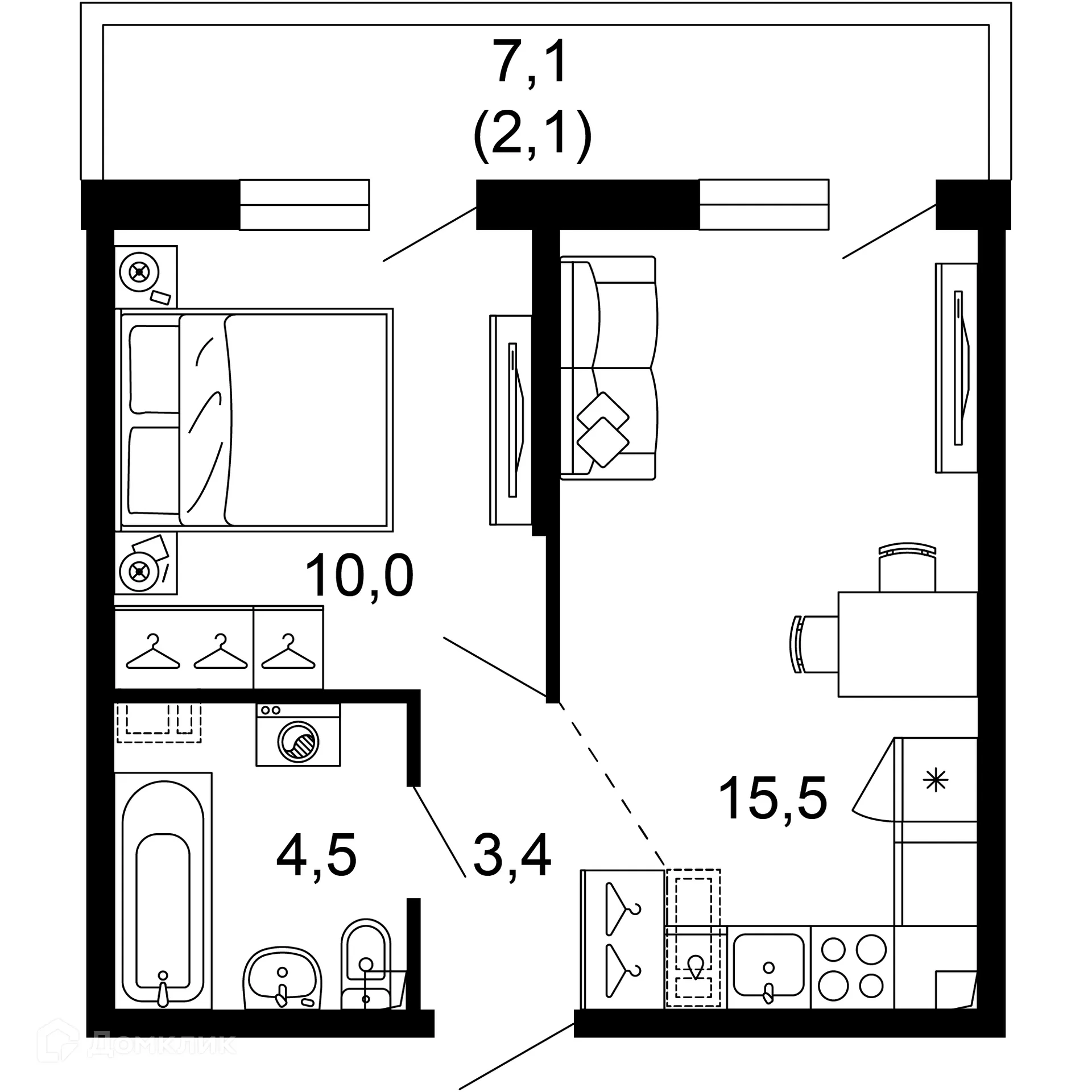 Планировка 1-комнатной квартиры 35.5 м² в ЖК Лестория, г. Сочи — фото 1