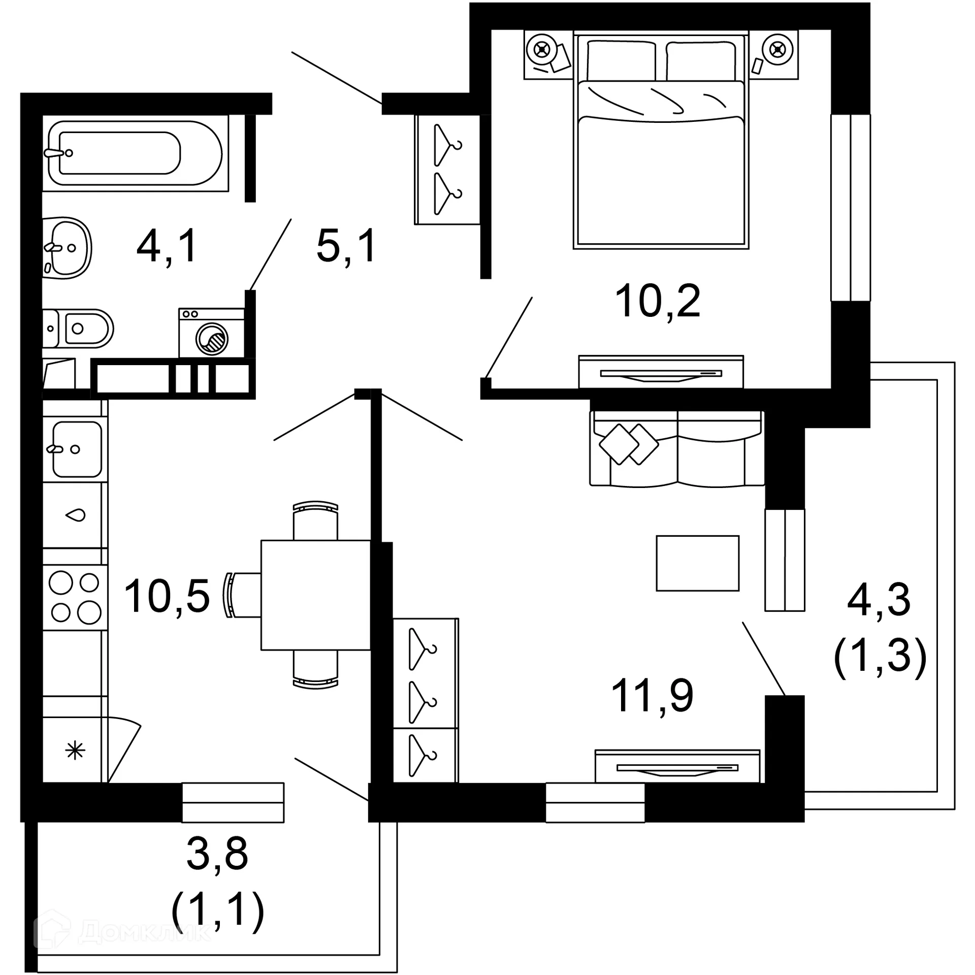 Планировка 2-комнатной квартиры 44.2 м² в ЖК Лестория, г. Сочи — фото 1