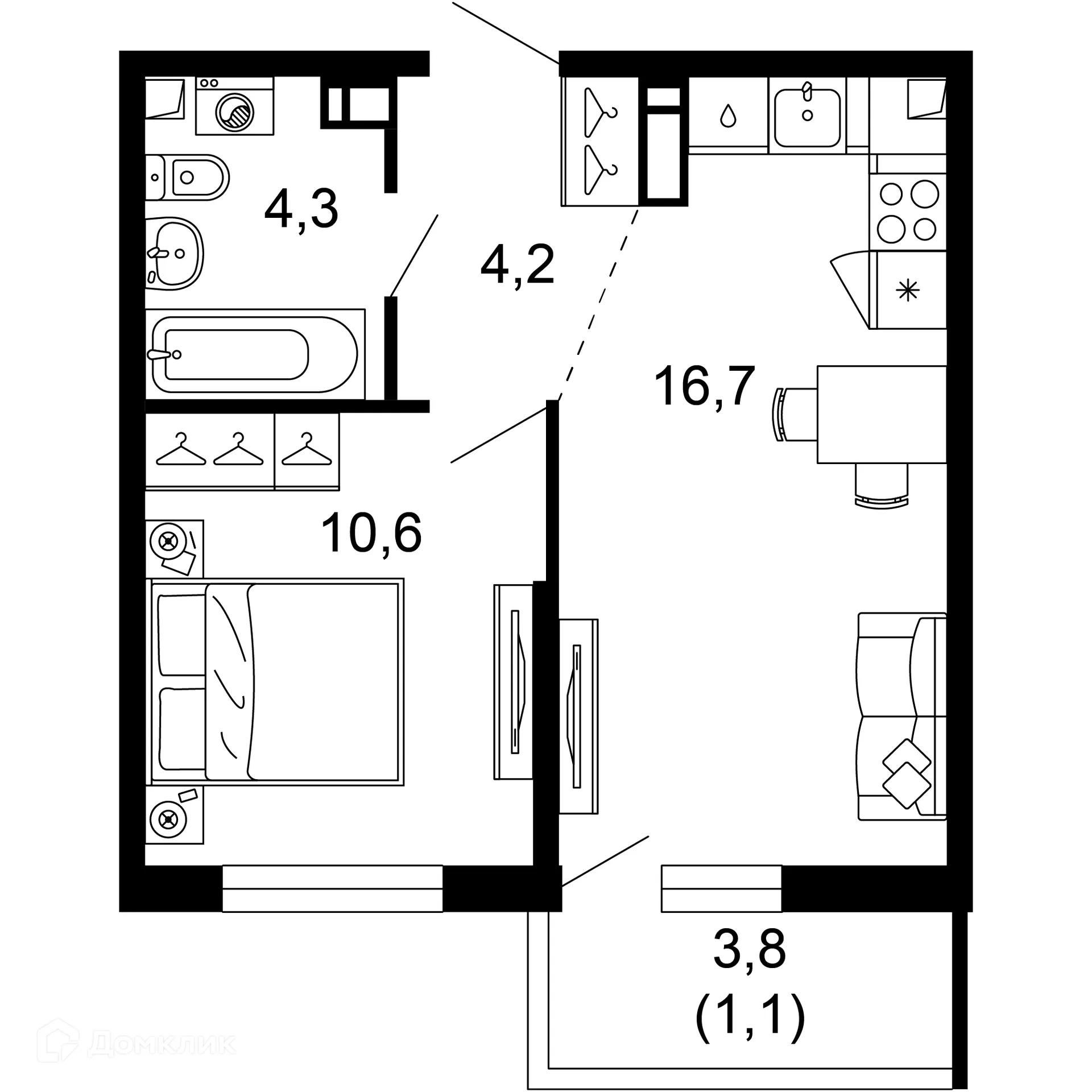 Планировка 1-комнатной квартиры 36.9 м² в ЖК Лестория, г. Сочи — фото 1
