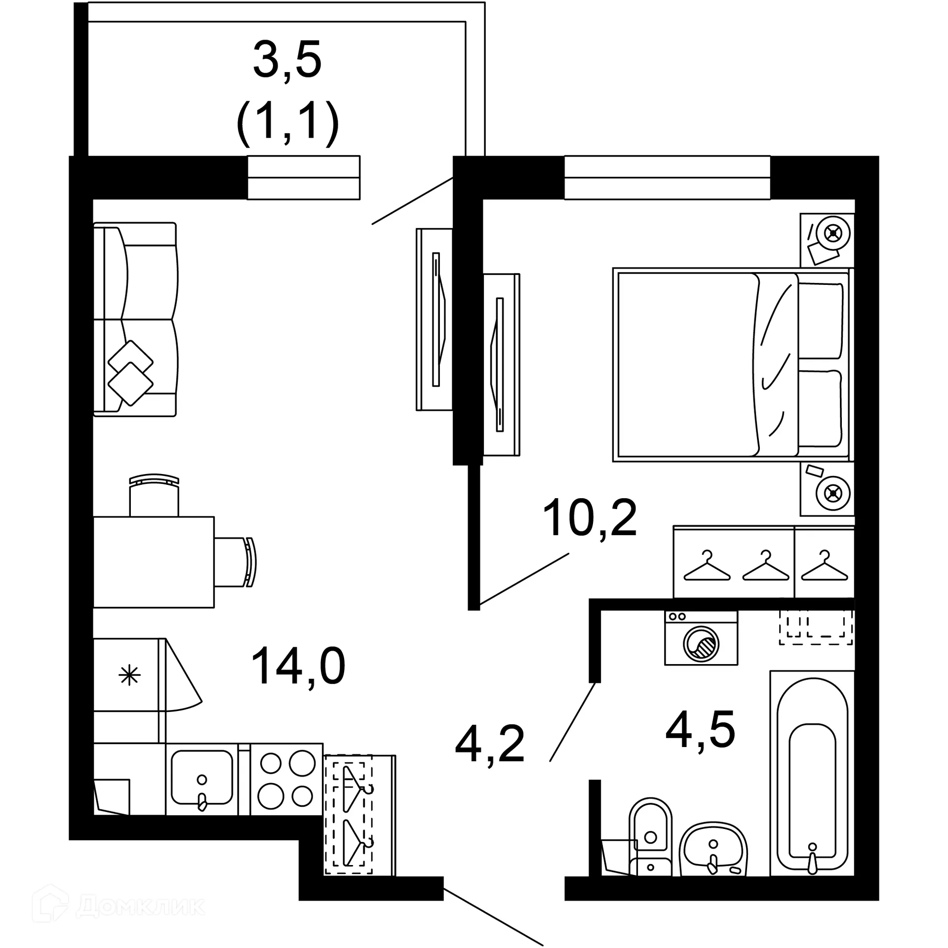 Планировка 1-комнатной квартиры 34 м² в ЖК Лестория, г. Сочи — фото 1