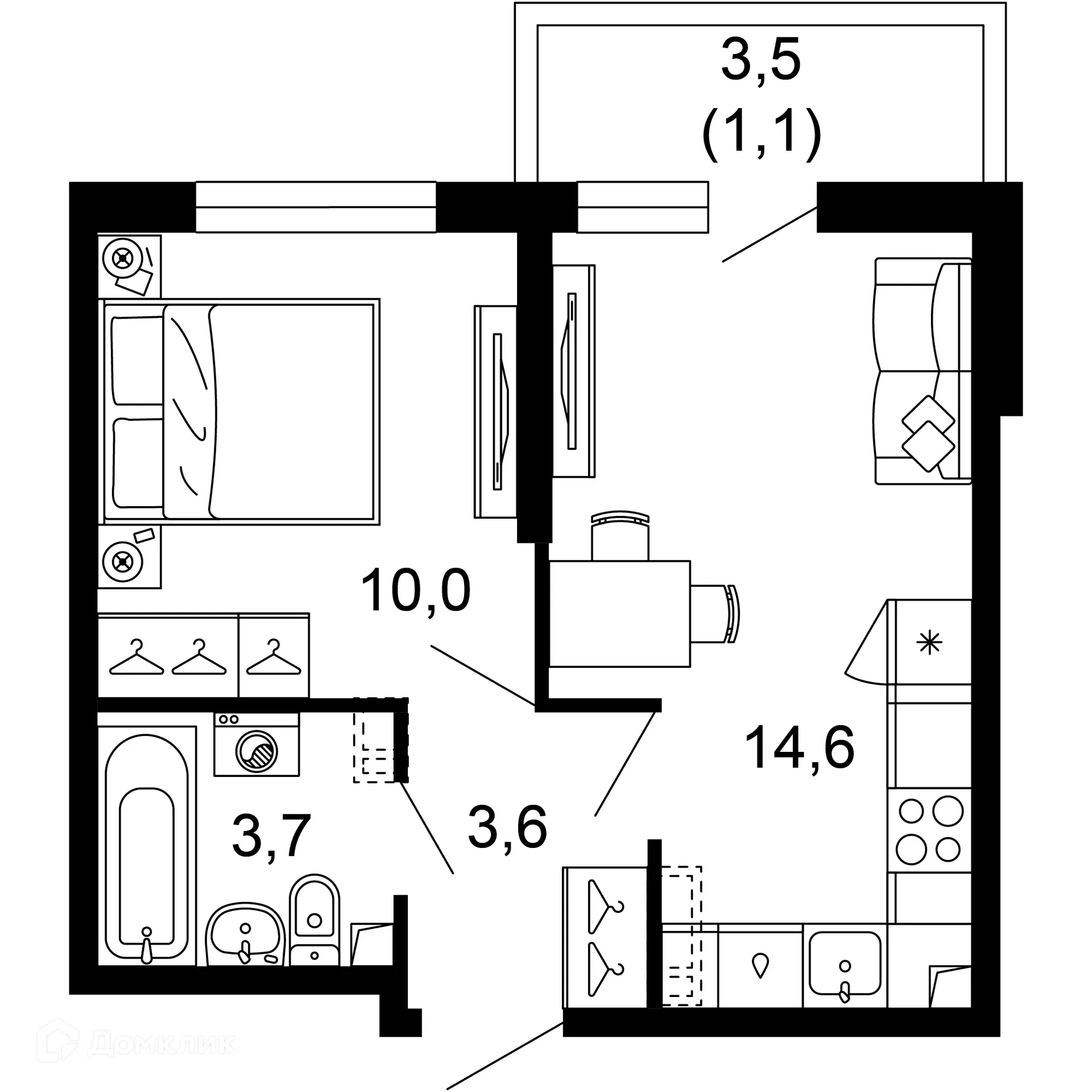 Планировка 1-комнатной квартиры 33 м² в ЖК Лестория, г. Сочи — фото 1